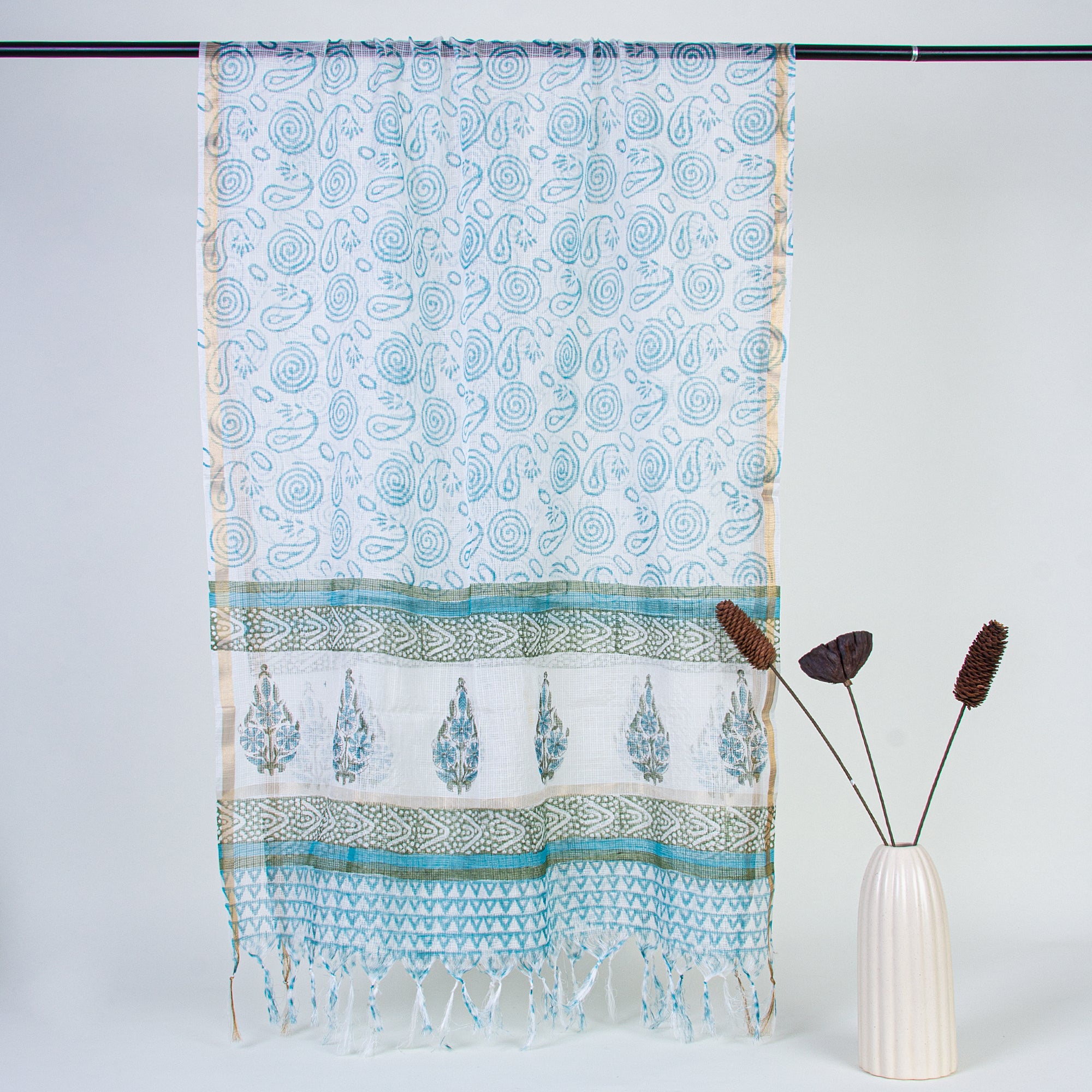 Sky Blue Block Print Suit Set and Kota Doria Dupatta Best