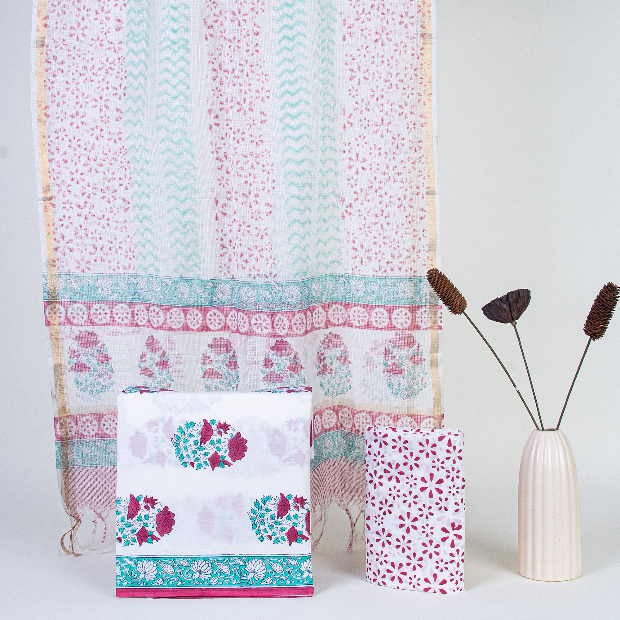 Floral Unstitched Cotton Suits with Kota Doria Dupatta