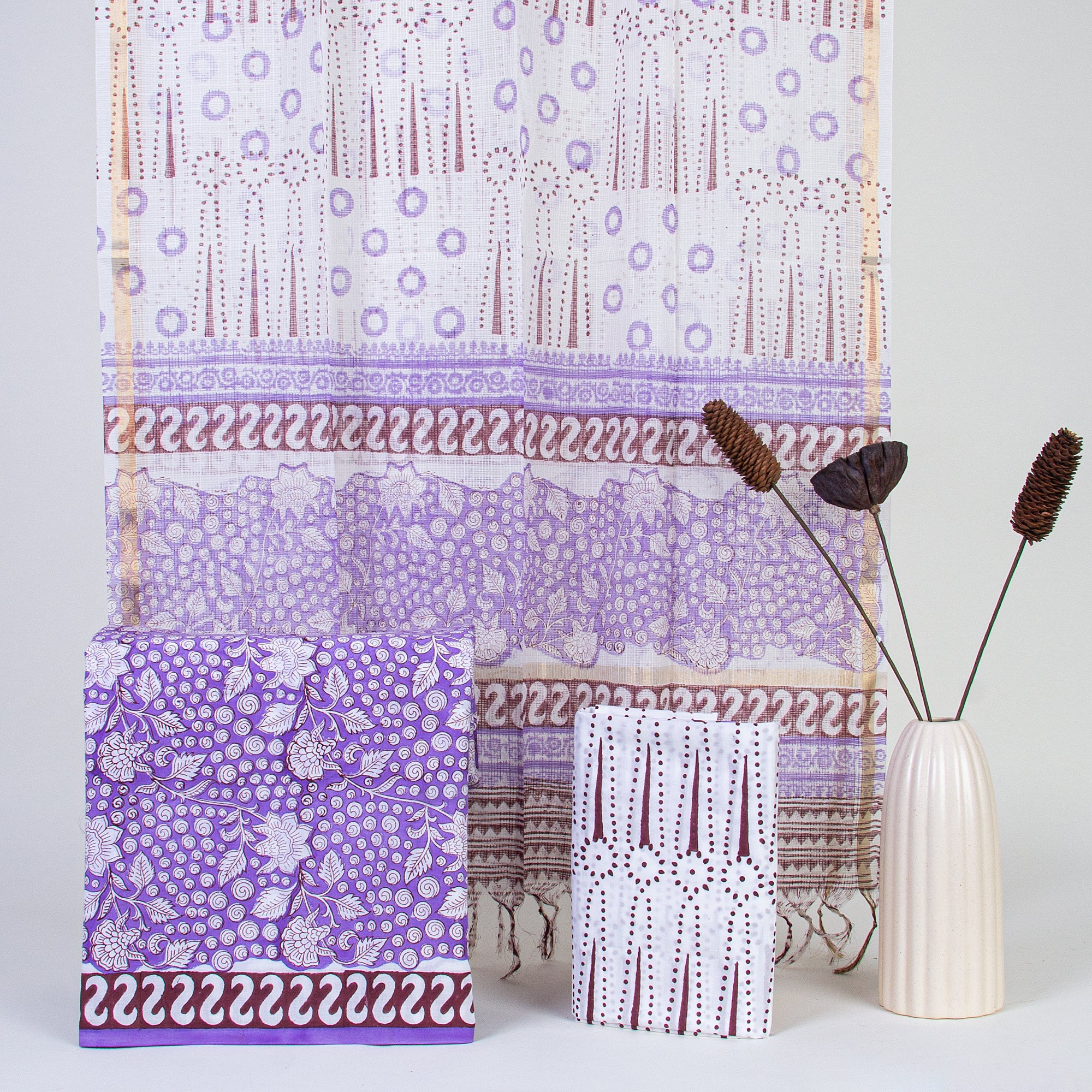 Purple Color Hand Block Printed Cotton Suits with Kota Doria Dupatta