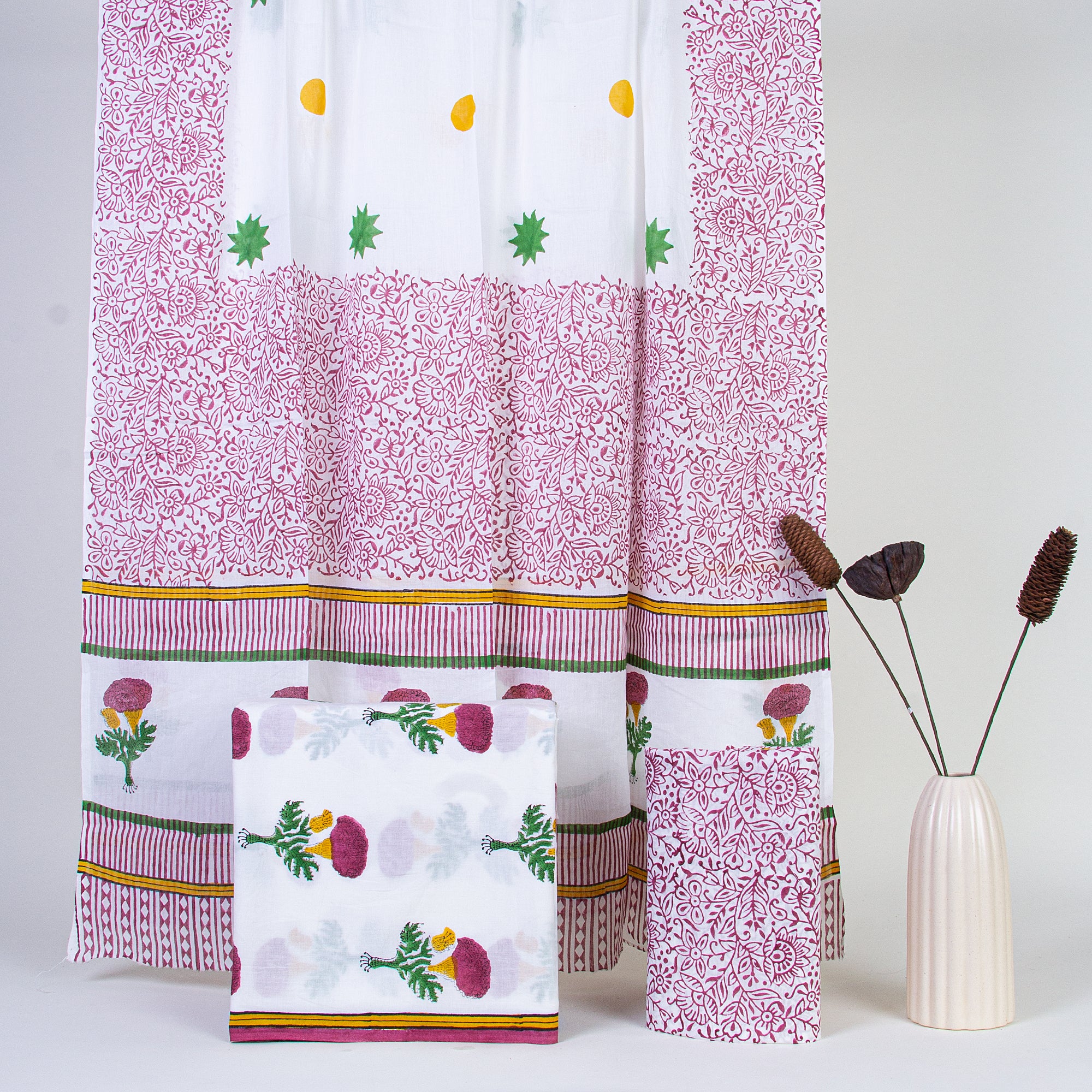 Pink Floral Cotton Suit Sets and Handloom Cotton Dupatta