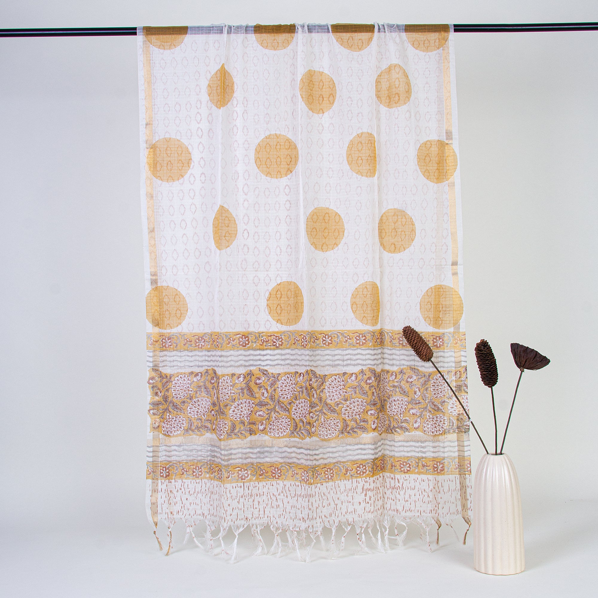 Yellow Unstitched Cotton Salwar Suit with Kota Dupatta