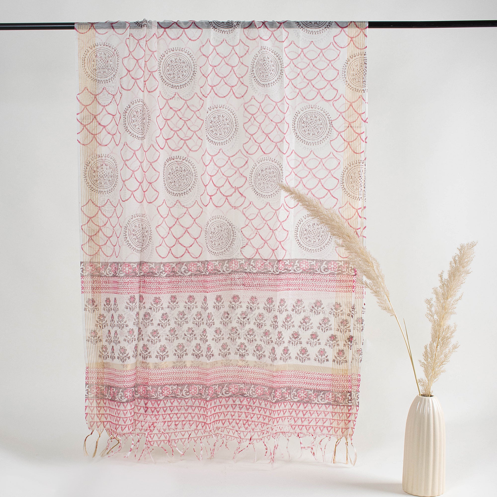 Pink Rangoli Print Three Piece Suit for Women and Kota Doria Dupatta