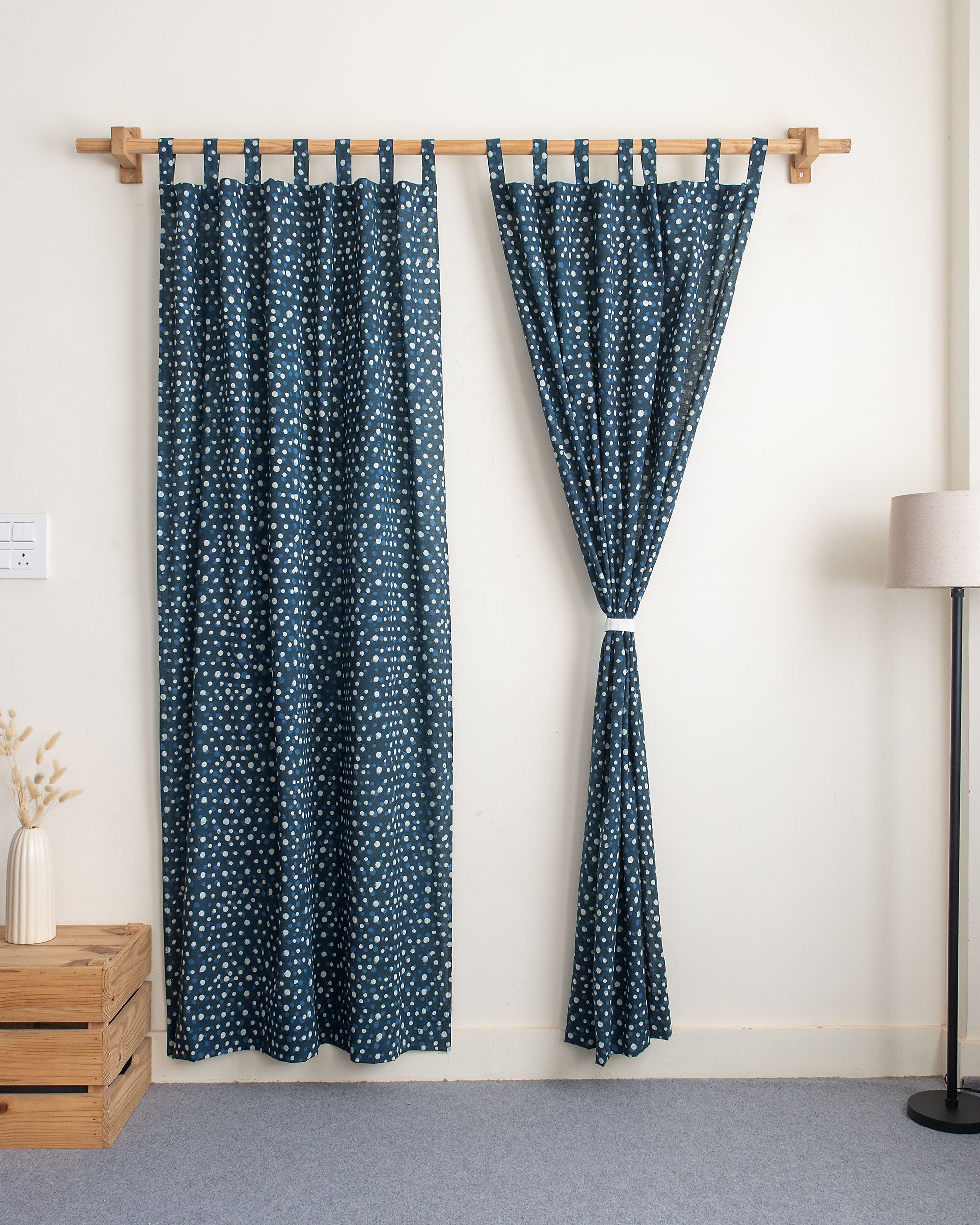 White & Blue Polka Dot Block Print Living Room Curtains