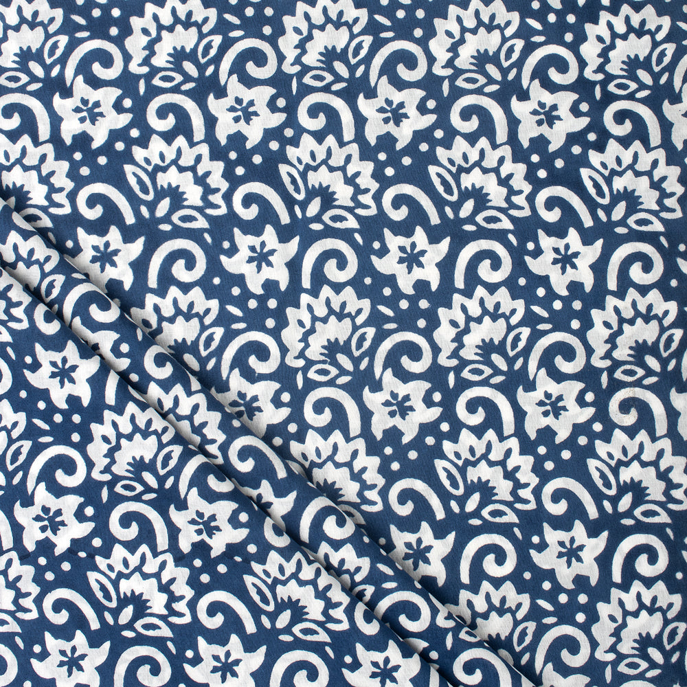 White Floral Hand Block Print Cotton Fabric