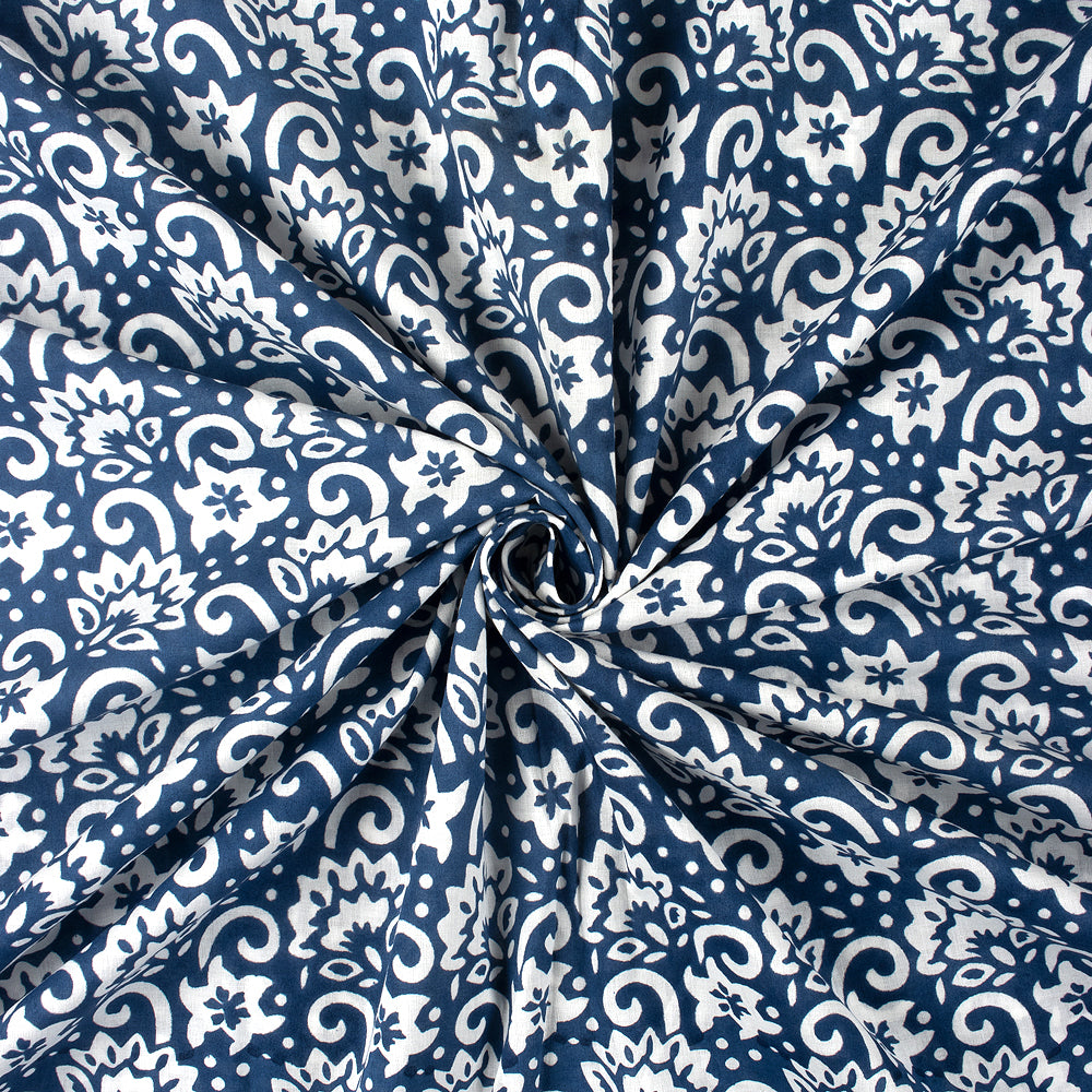 White Floral Hand Block Print Cotton Fabric