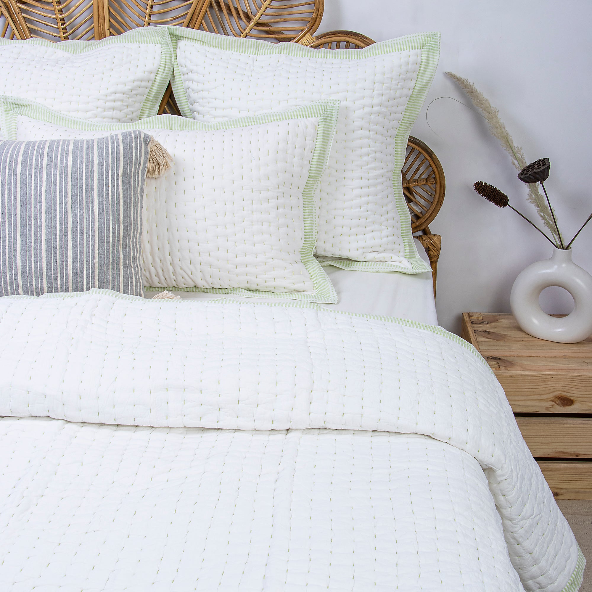 White Hand Stitched Indian Cotton Kantha Quilt Blanket