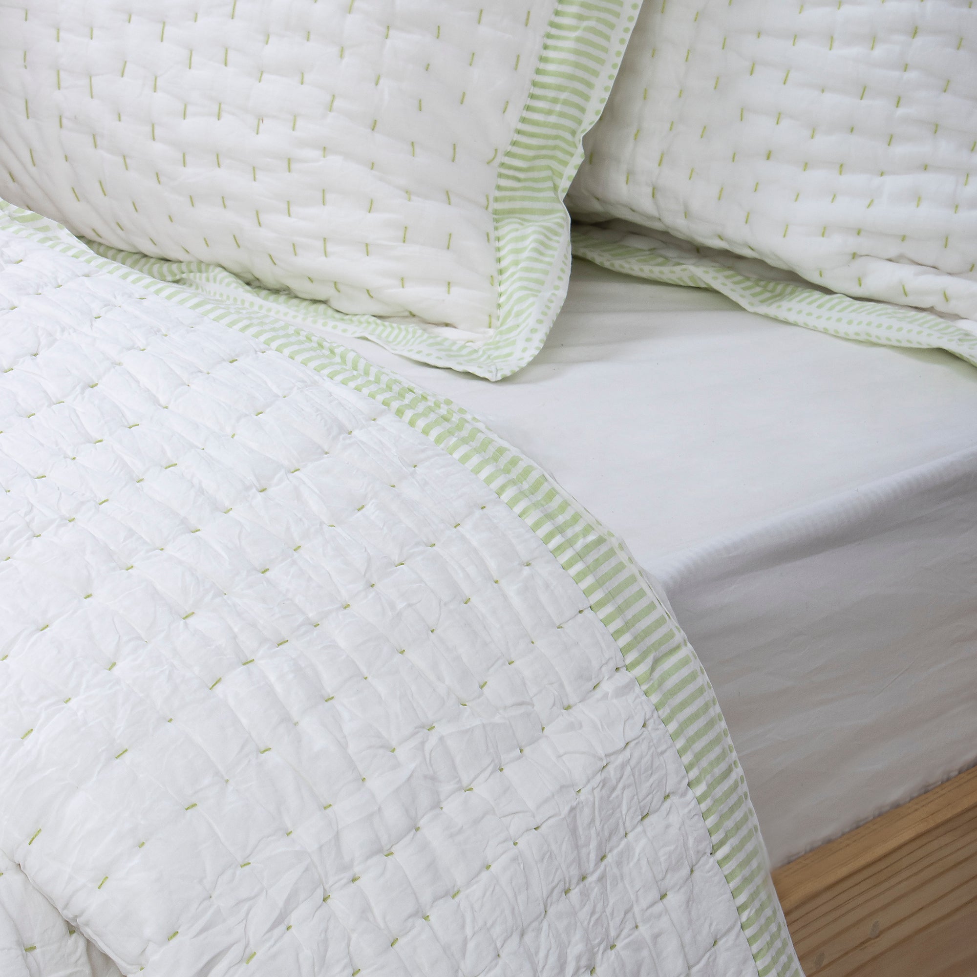 White Hand Stitched Indian Cotton Kantha Quilt Blanket