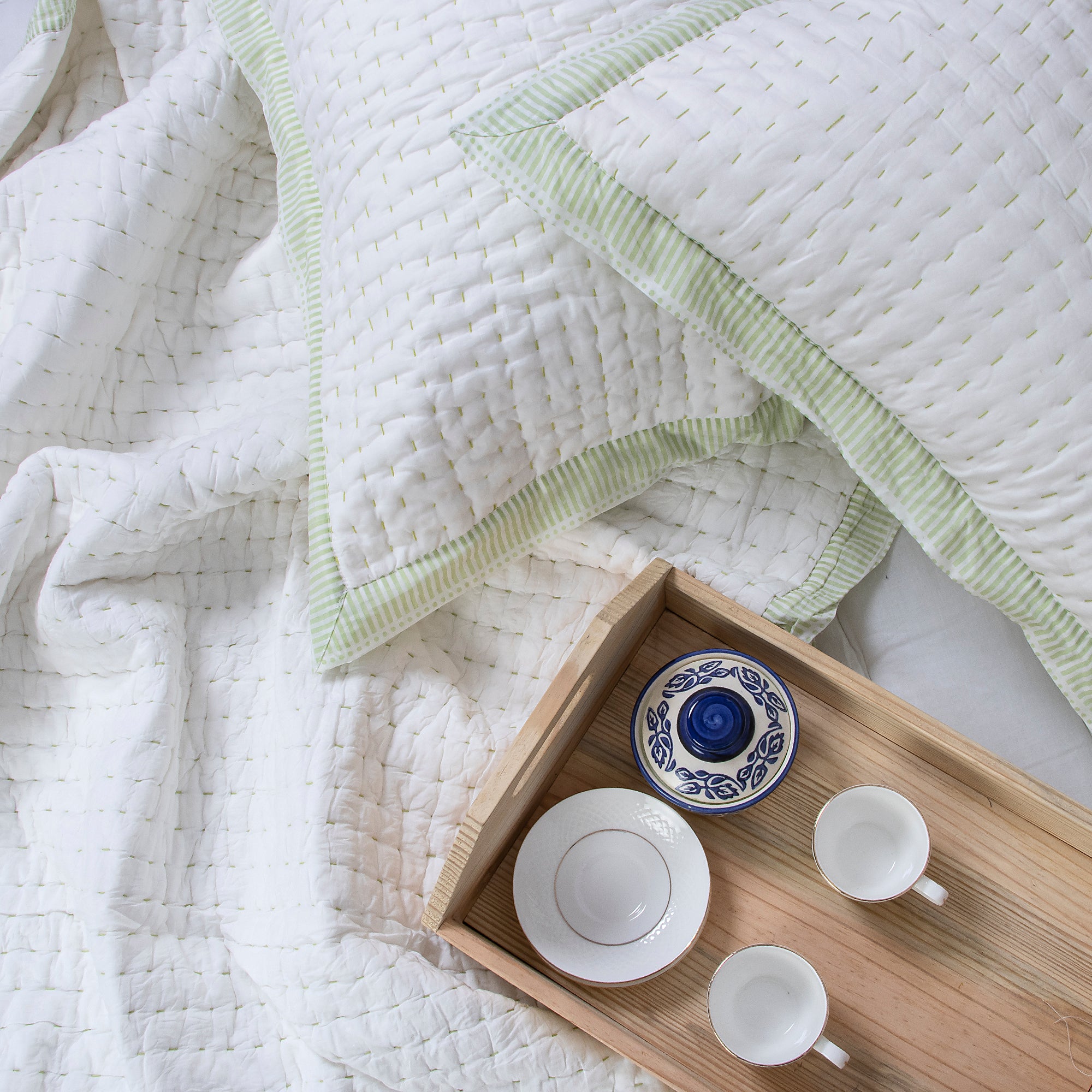 White Hand Stitched Indian Cotton Kantha Quilt Blanket