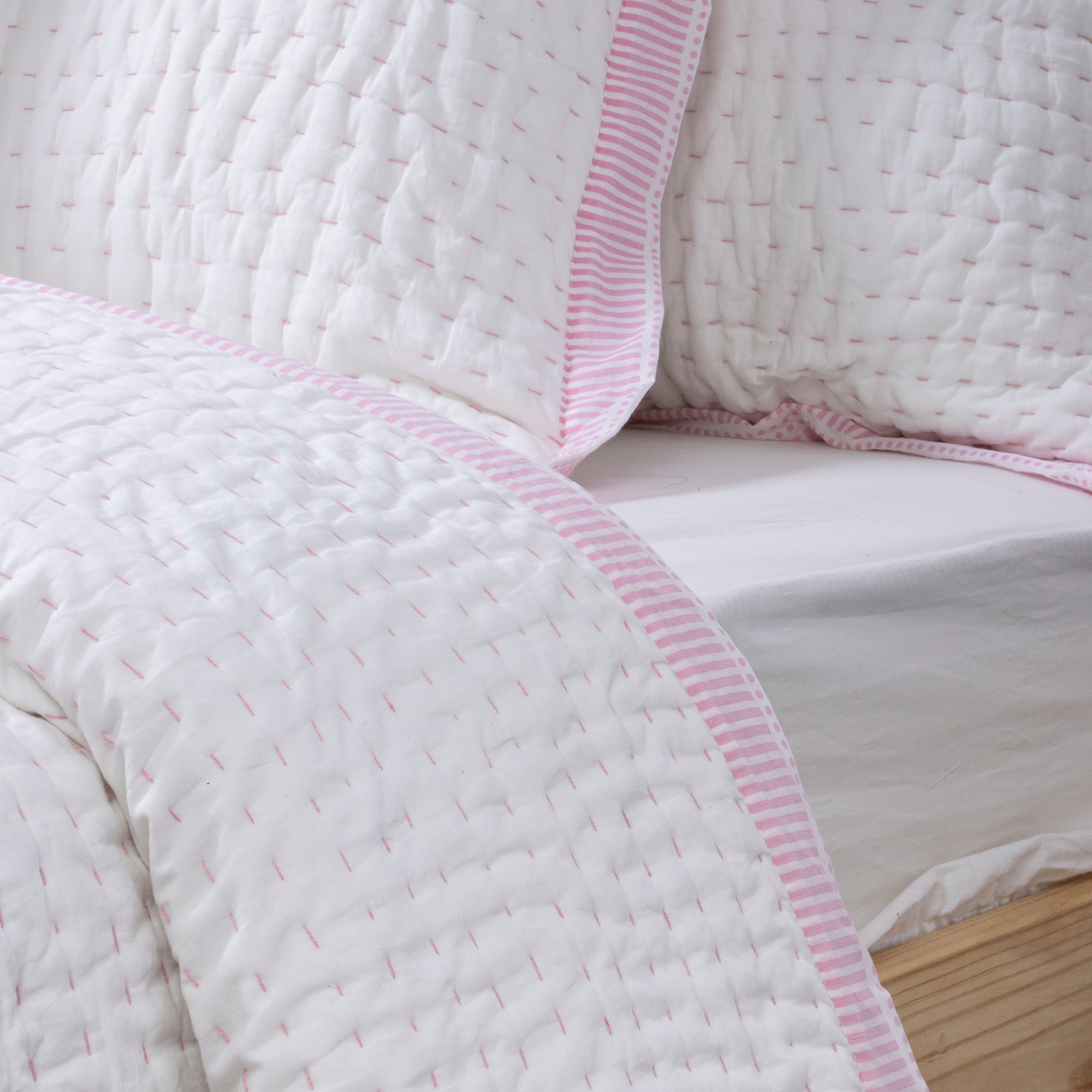 White Pure Cotton Indian Stitched Kantha Quilt Blanket