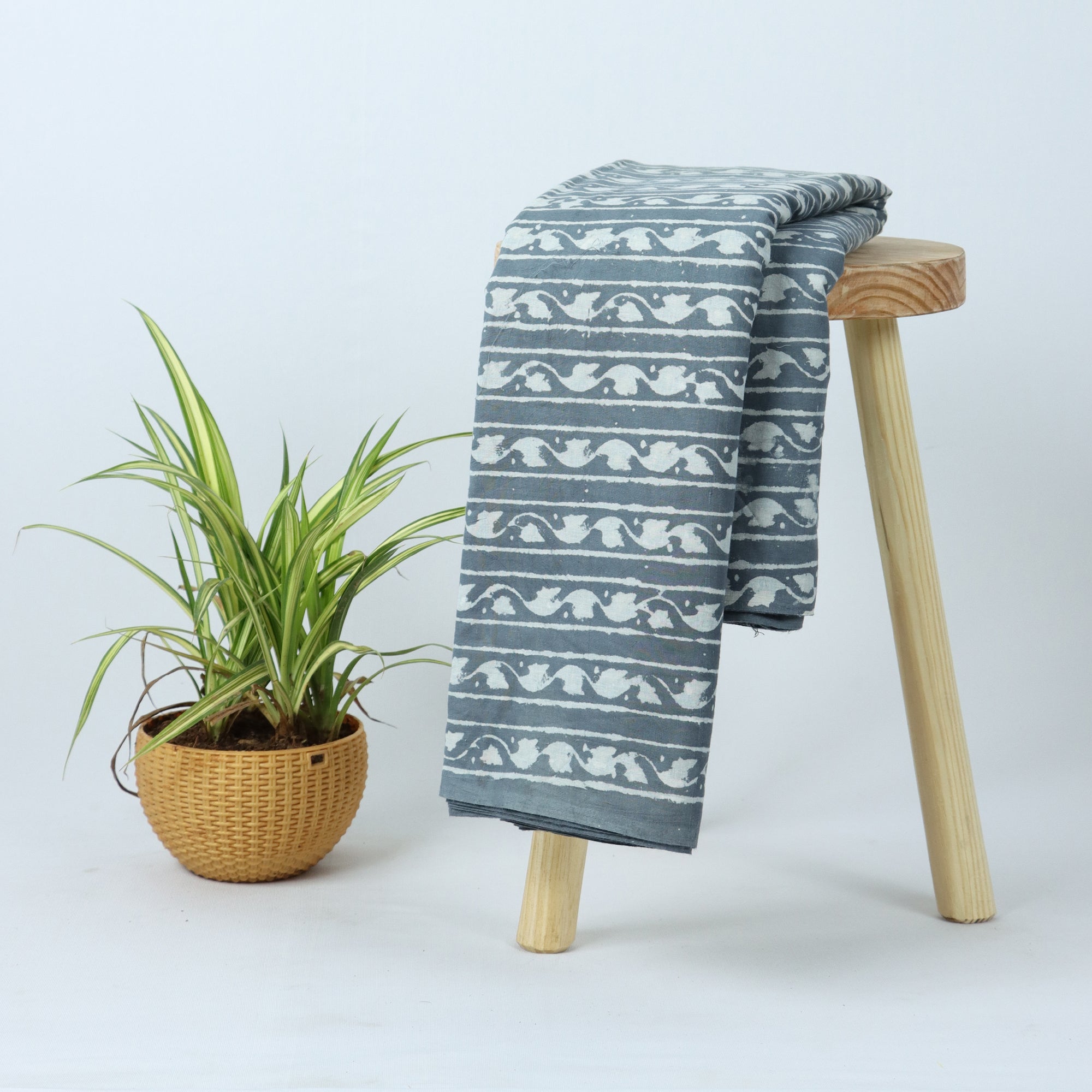 White Striped Cotton Hand Block Print Dabu Fabric