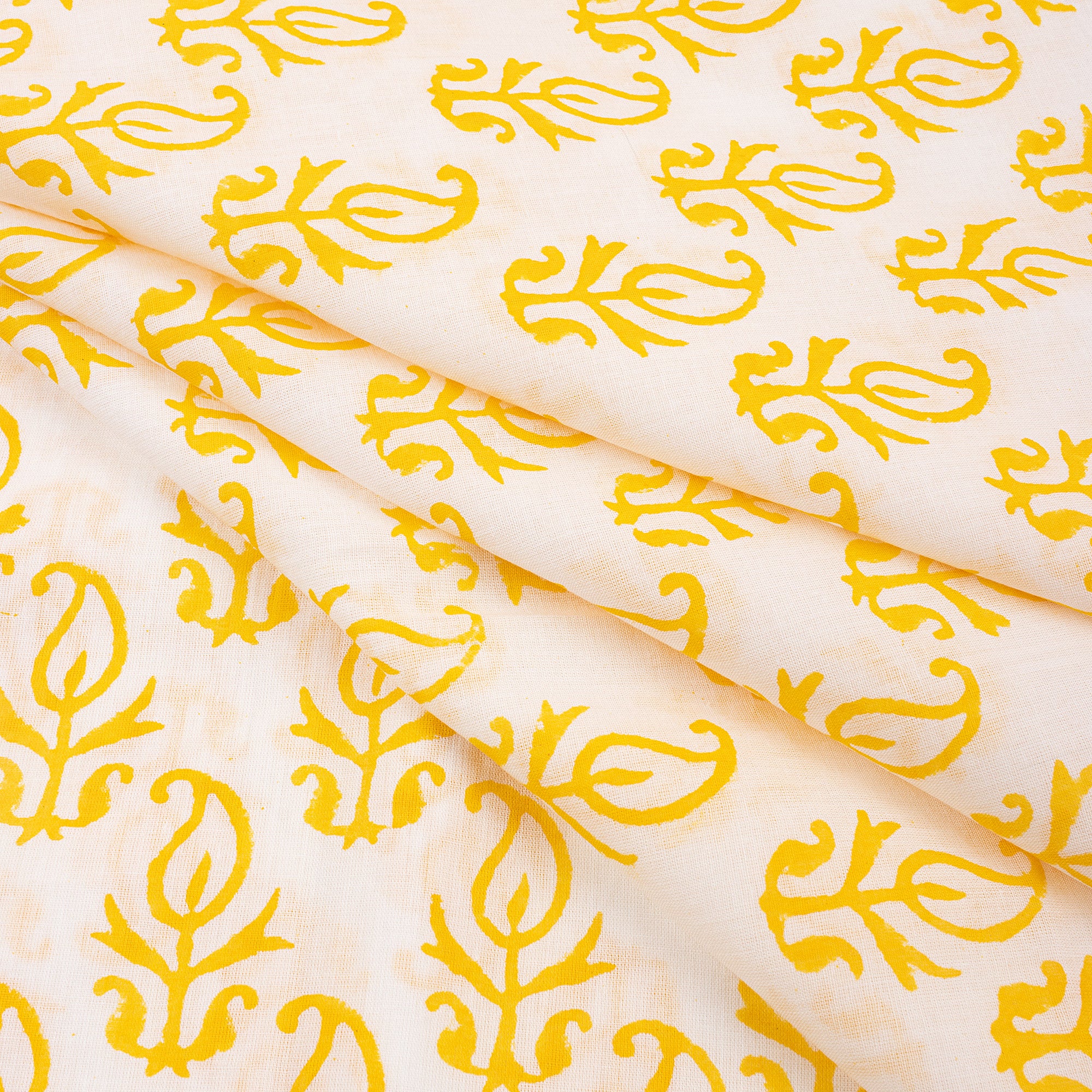 Yellow Booti Hand Block Pure Cotton Indian Fabric