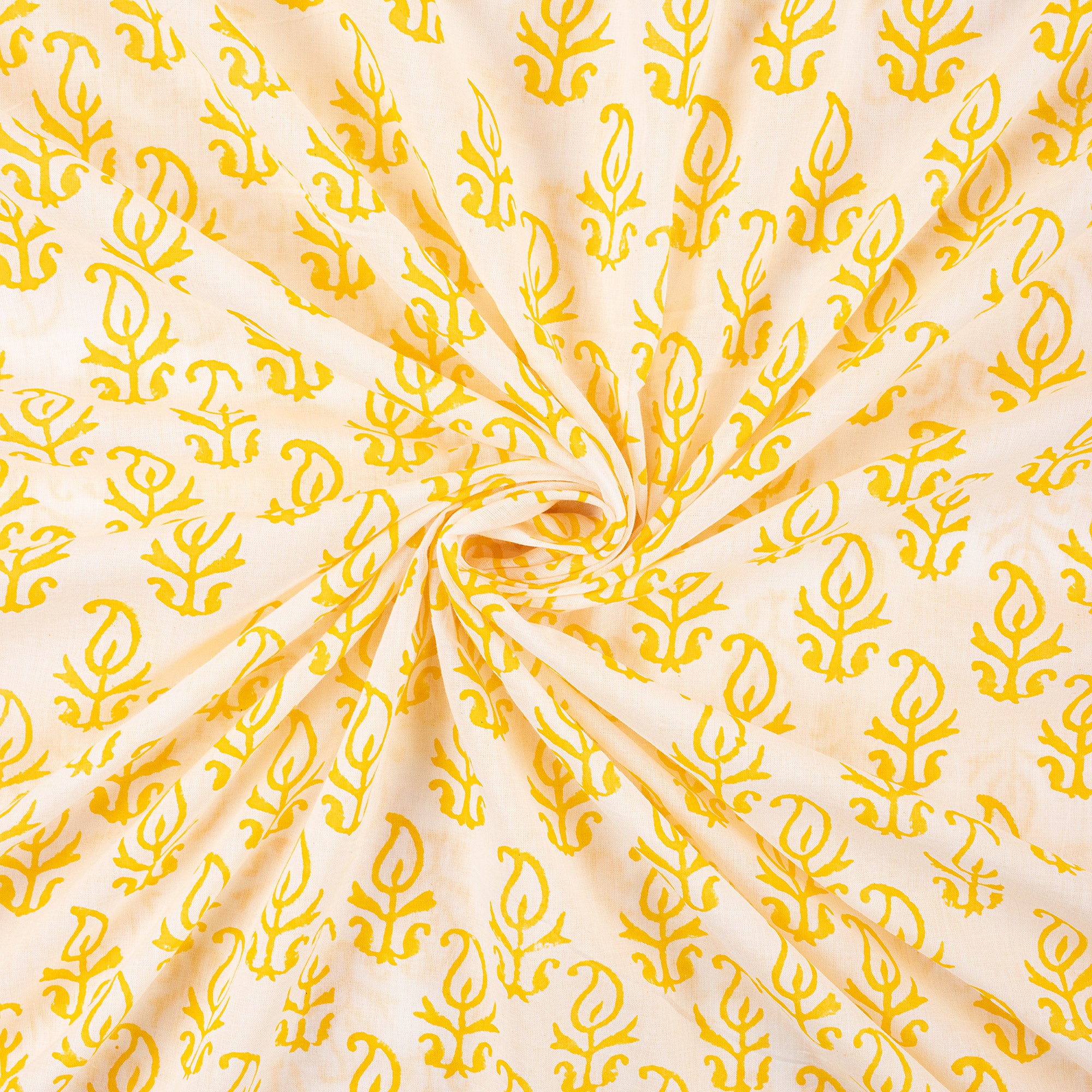 Yellow Booti Hand Block Pure Cotton Indian Fabric