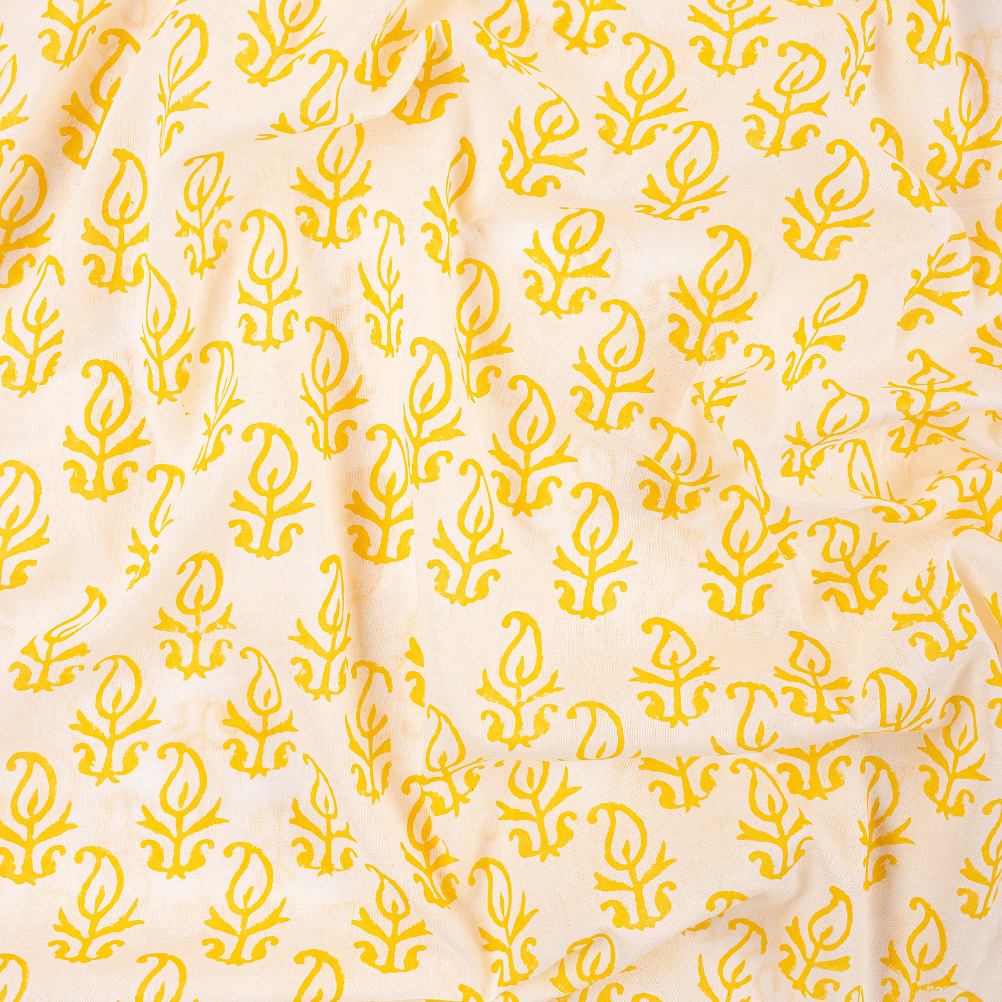 Yellow Booti Hand Block Pure Cotton Indian Fabric