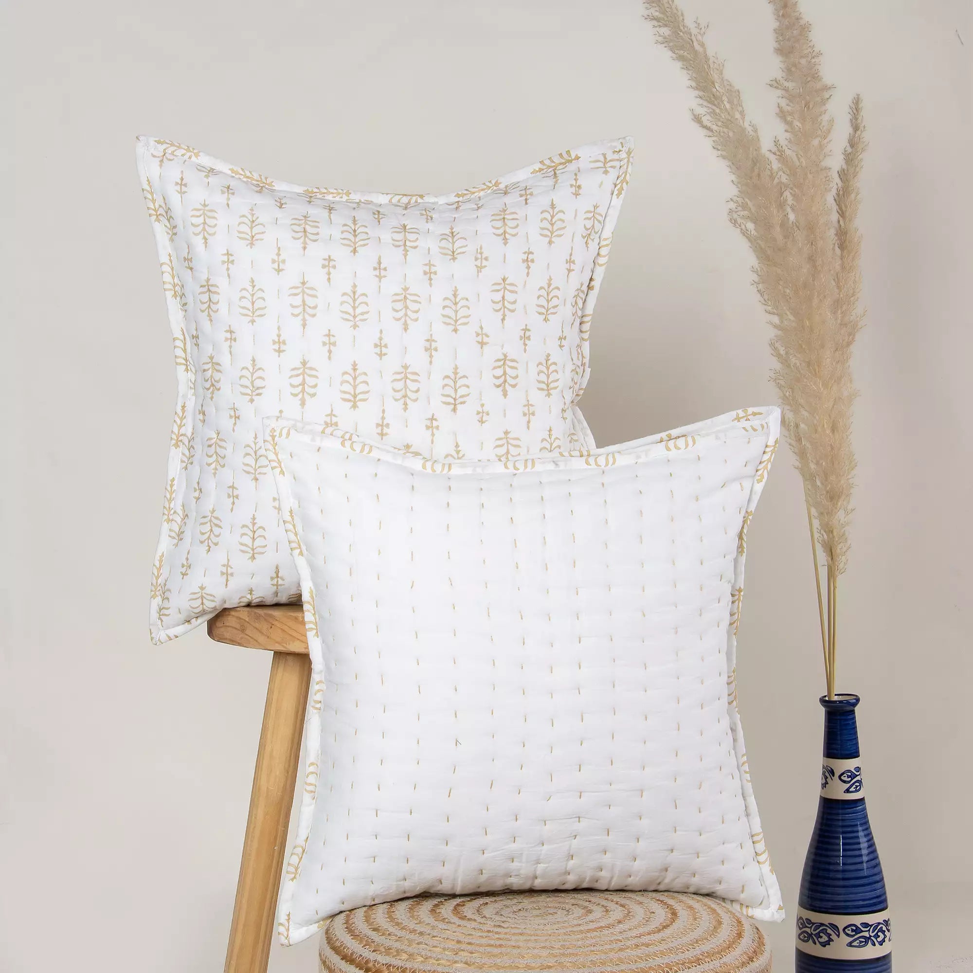 Yellow Booty Kantha Quilted Cushion Cover
