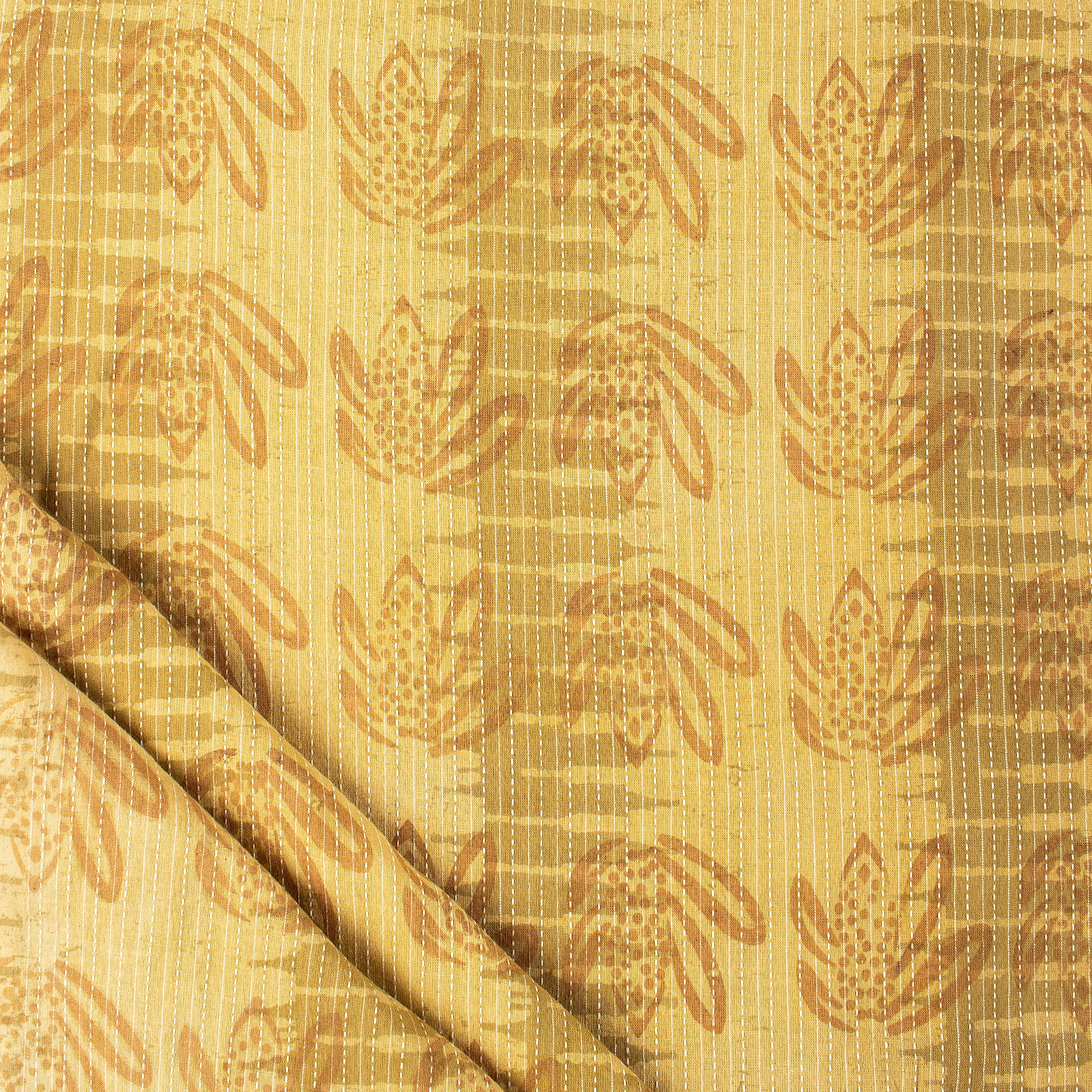 Yellow Dabu Pure Cotton Hand Block Printed Kantha Fabric