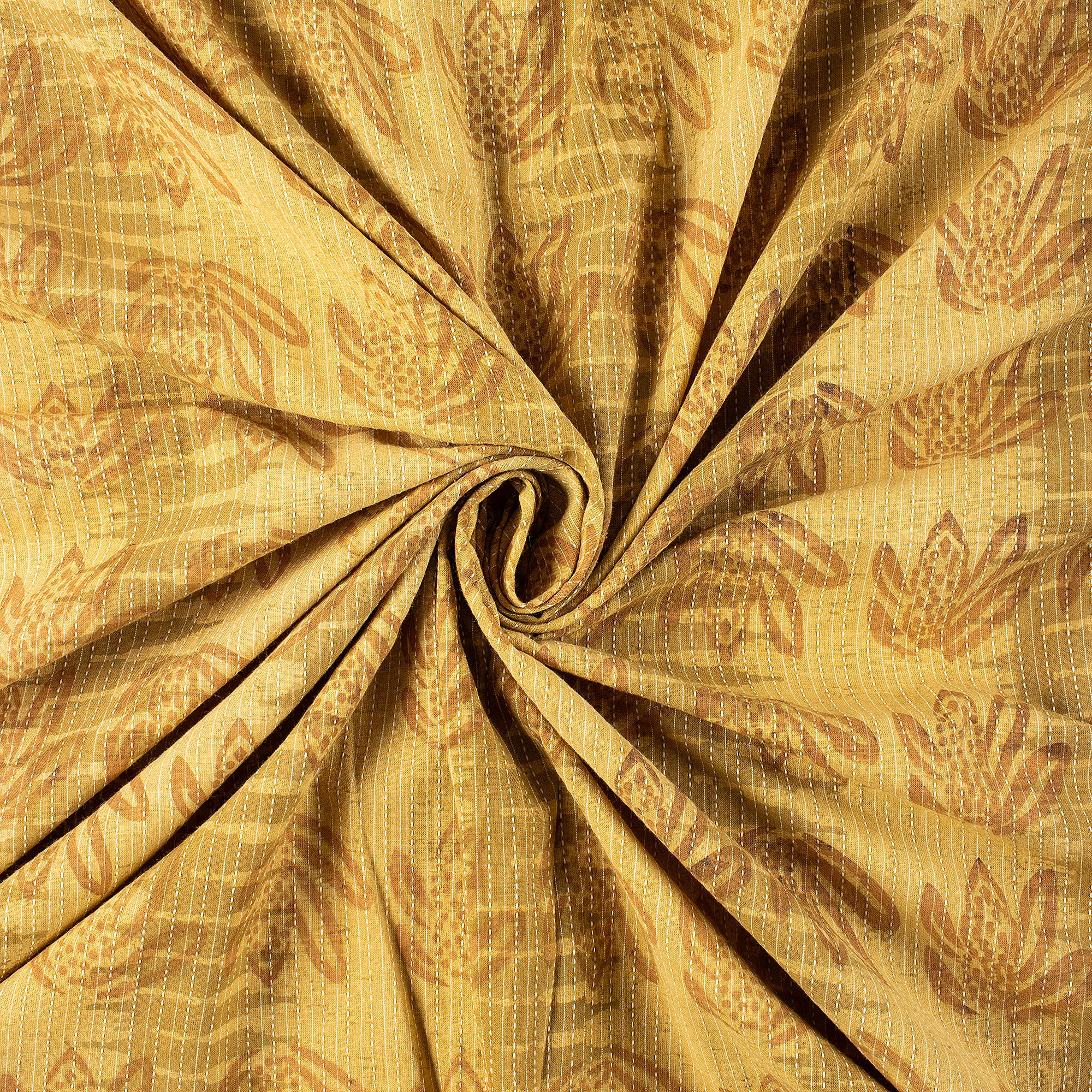 Yellow Dabu Pure Cotton Hand Block Printed Kantha Fabric