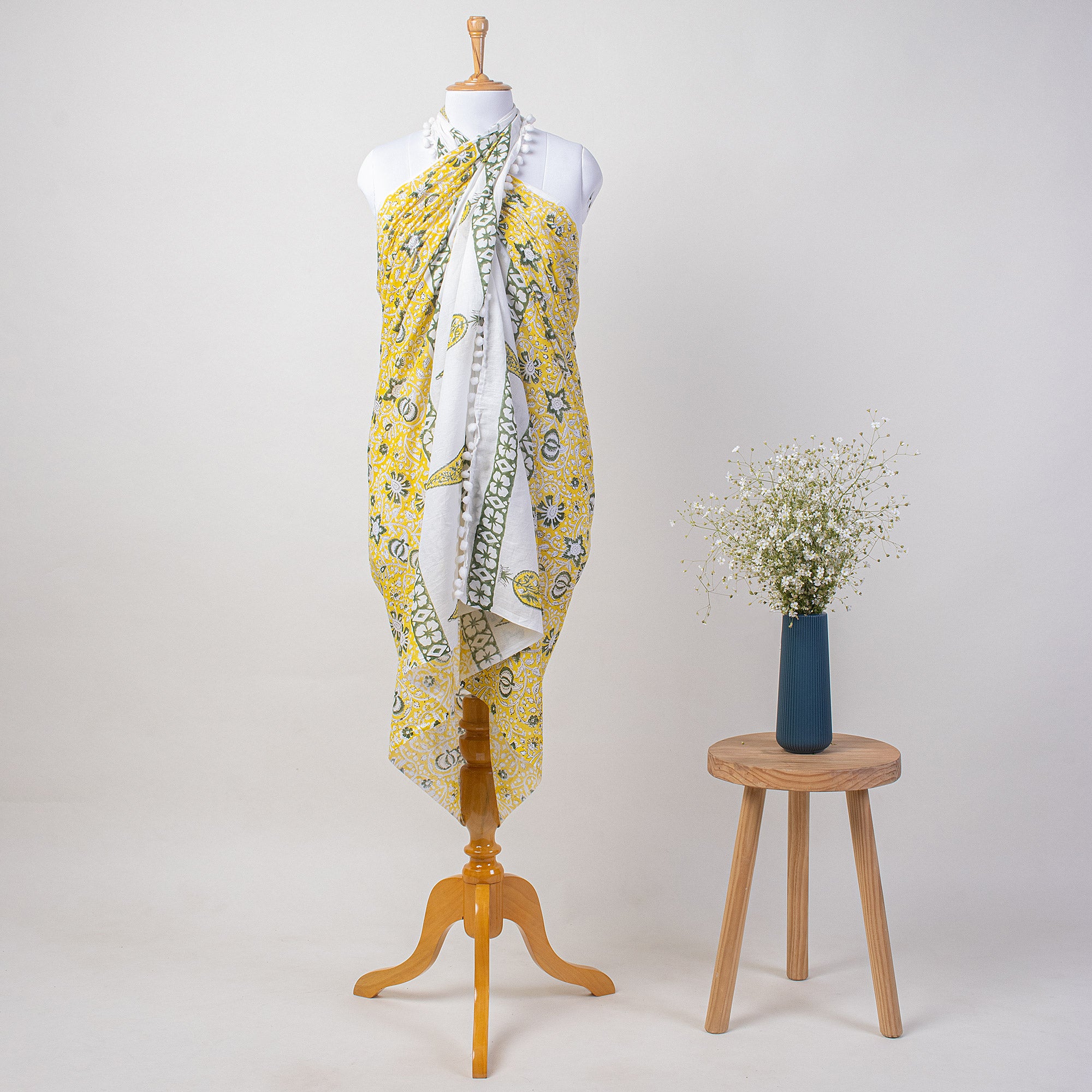 Yellow Floral Block Print Sarong Beachwear