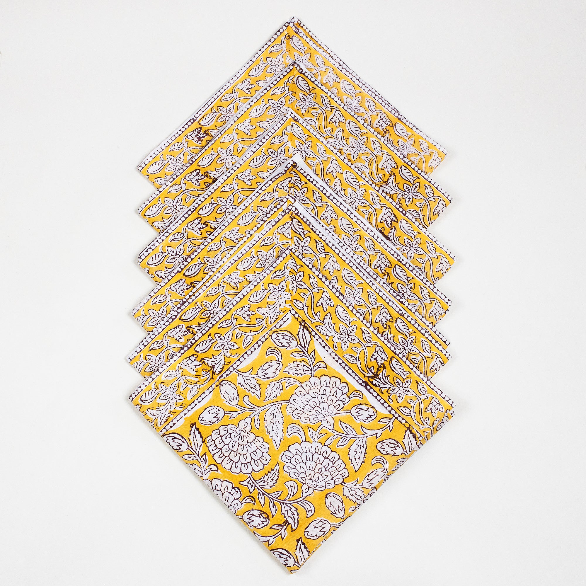 Yellow Floral Block Printed Cotton Napkin For Farmhouse Party