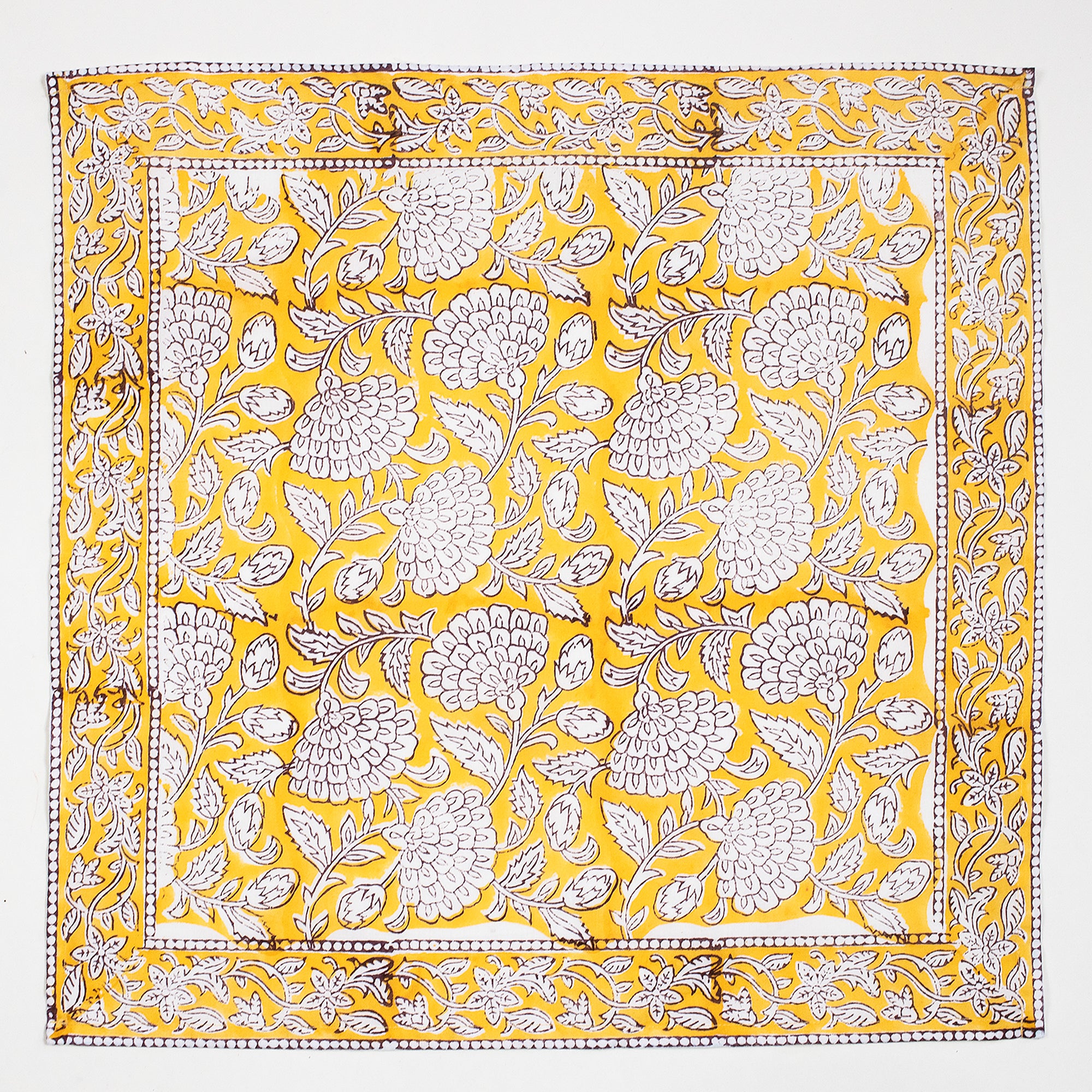 Yellow Floral Block Printed Cotton Napkin For Farmhouse Party