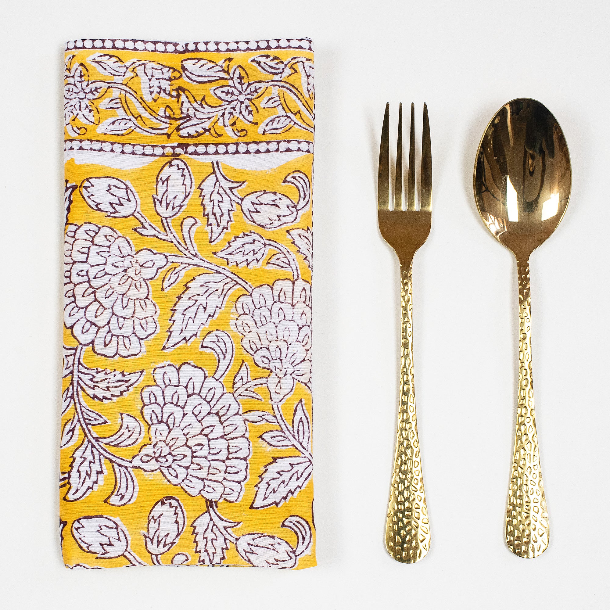 Yellow Floral Block Printed Cotton Napkin For Farmhouse Party