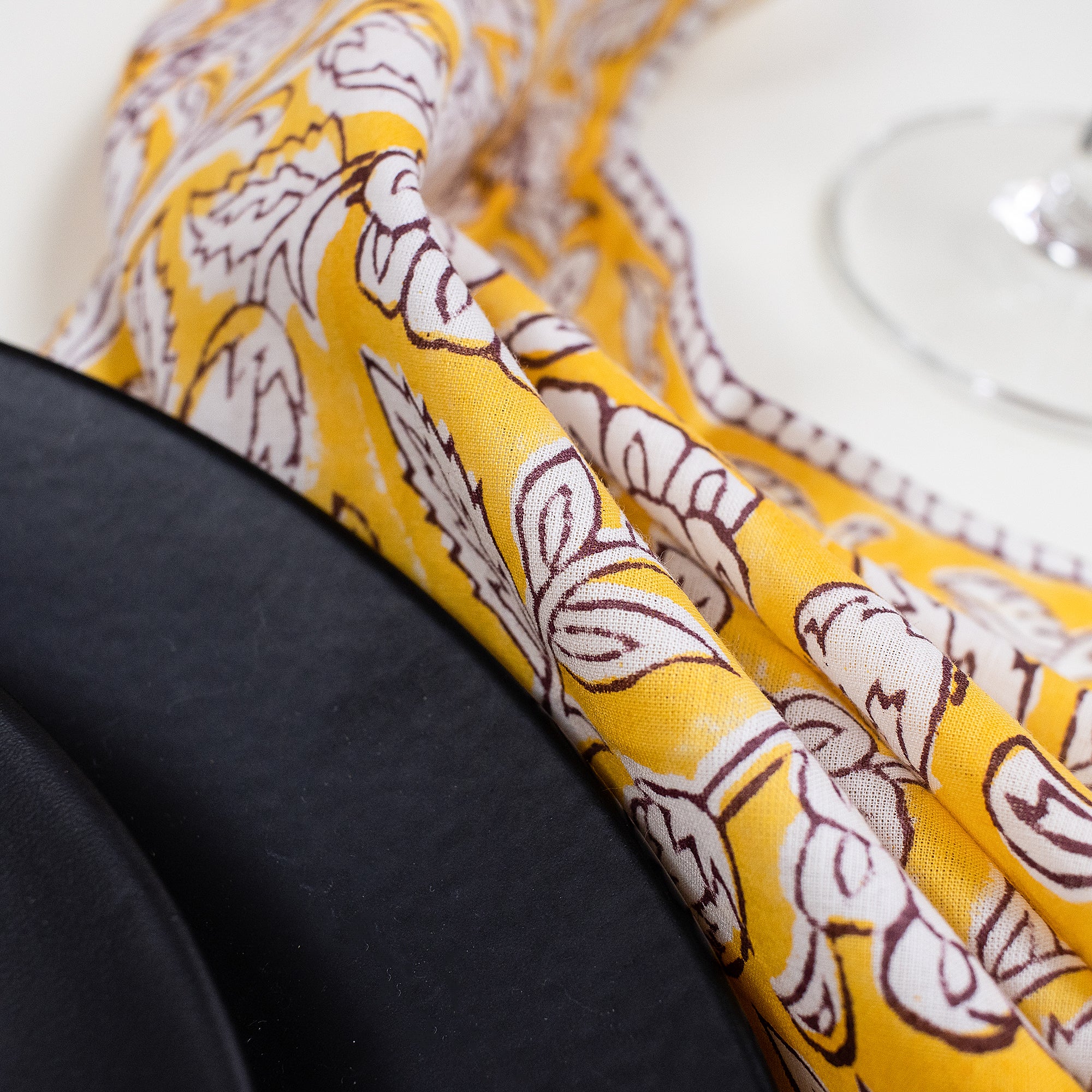 Yellow Floral Block Printed Cotton Napkin For Farmhouse Party