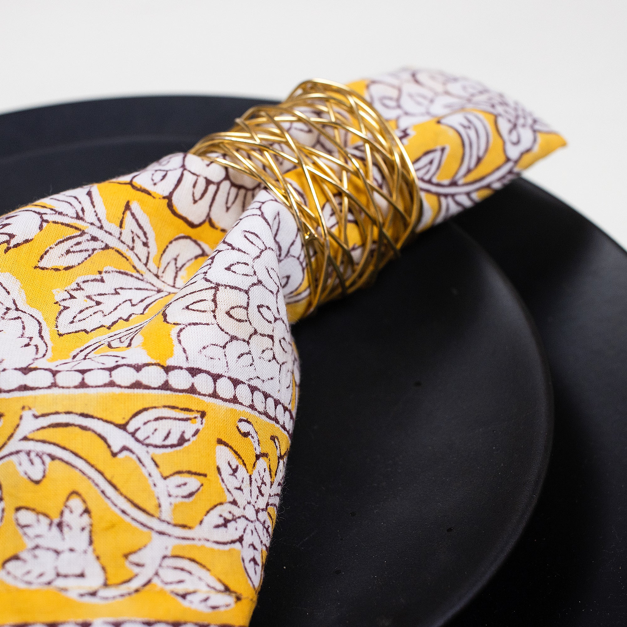 Yellow Floral Block Printed Cotton Napkin For Farmhouse Party