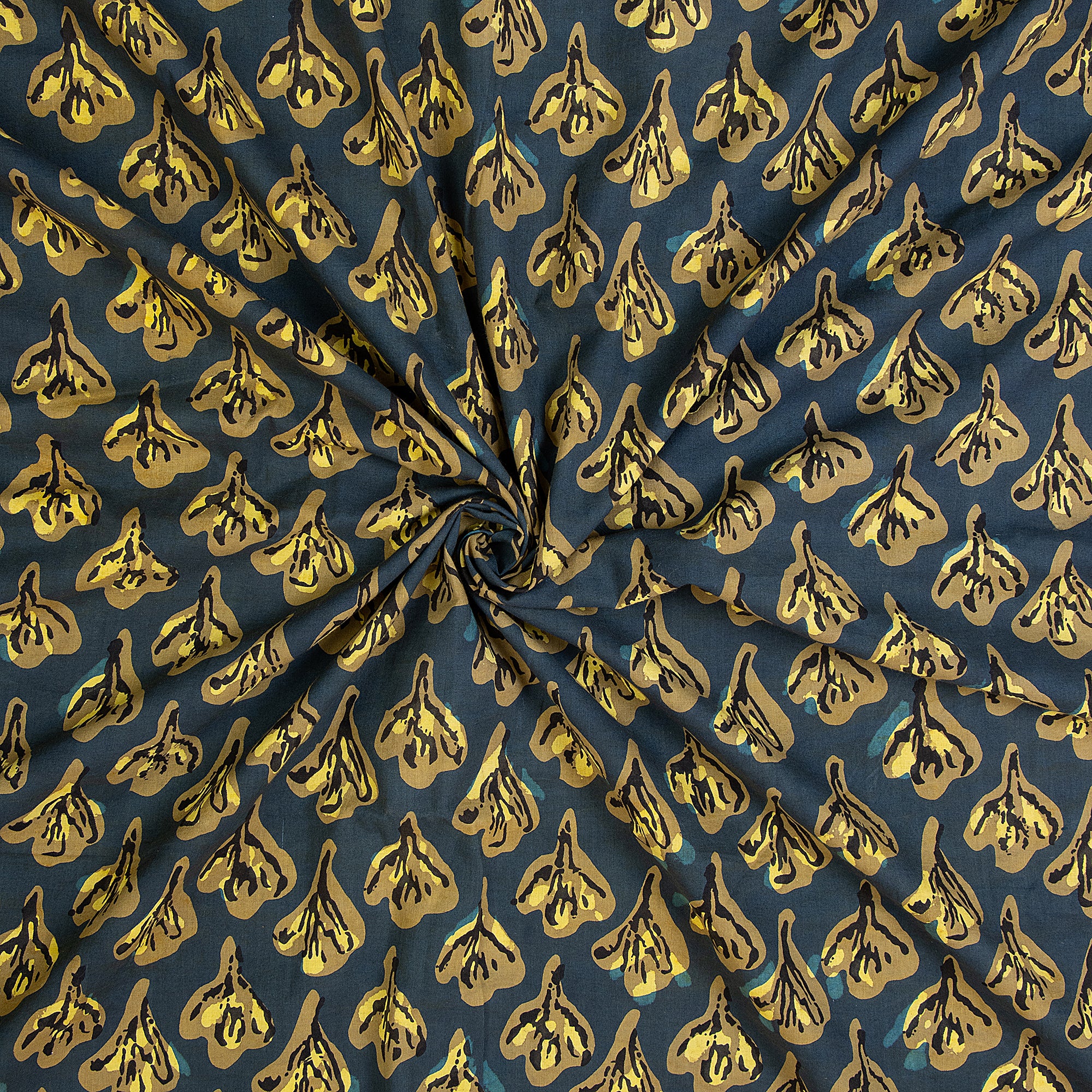Yellow Floral Hand Block Print Dabu Textile Fabric