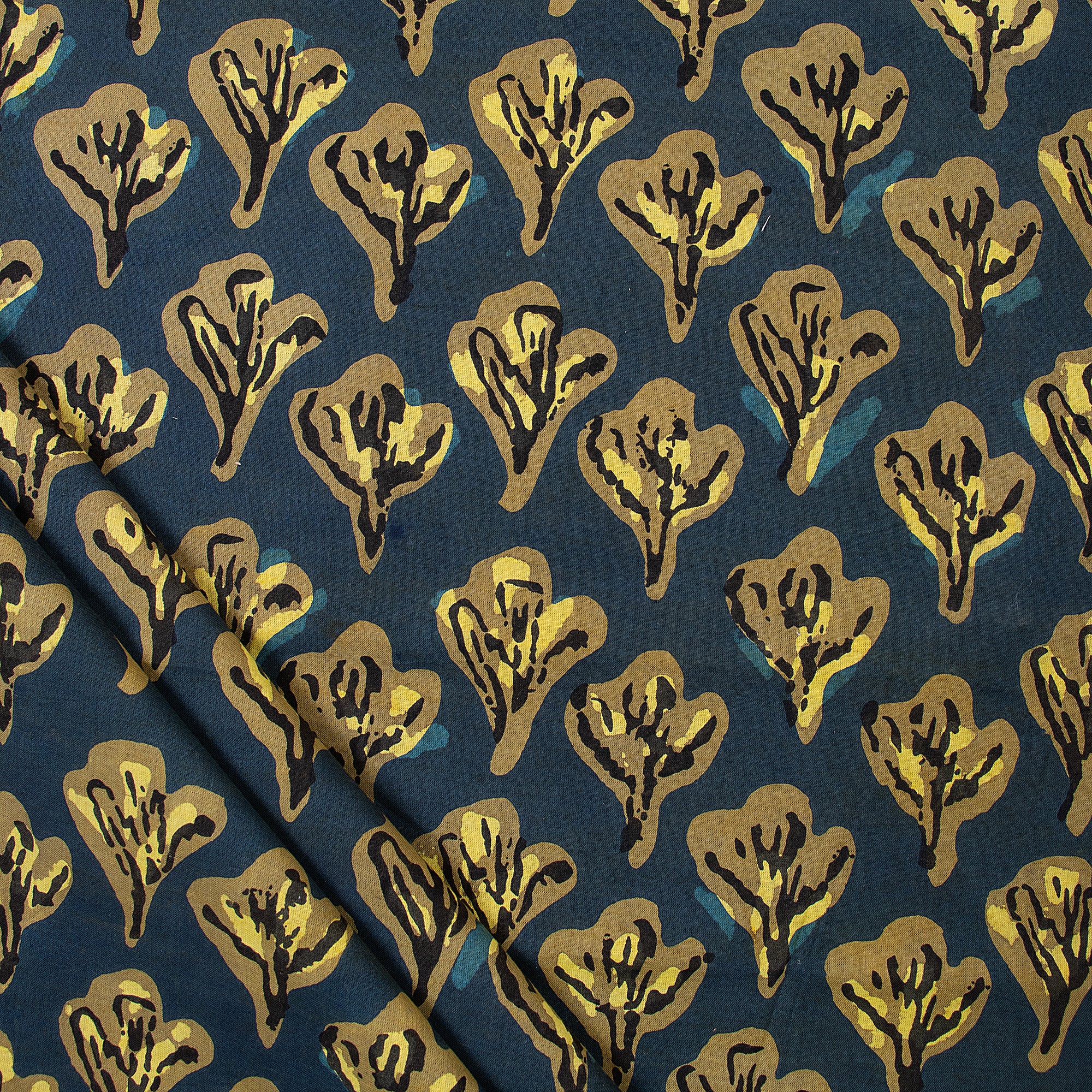 Yellow Floral Hand Block Print Dabu Textile Fabric