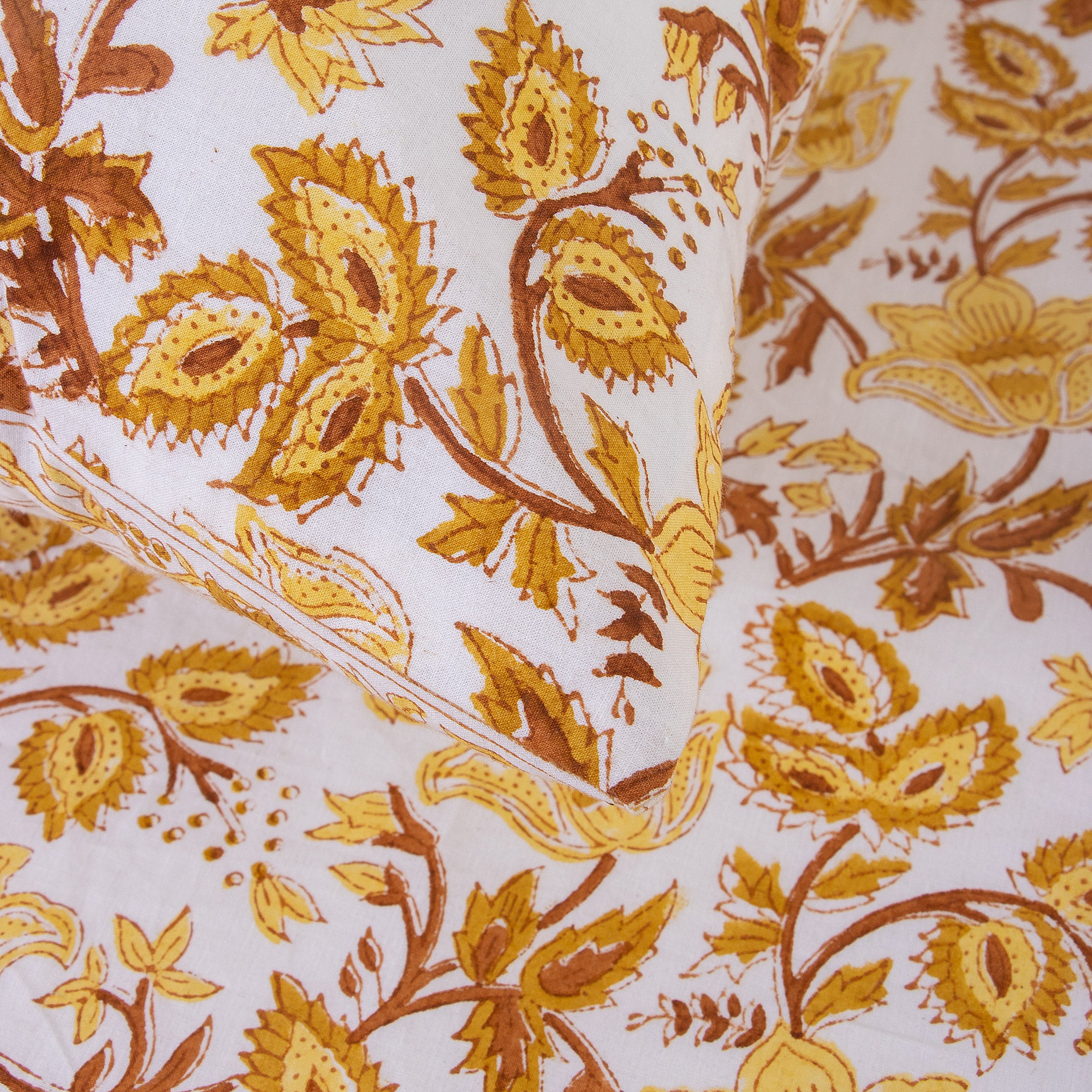 Yellow Floral Hand Block Printed Cotton Bed Sheet