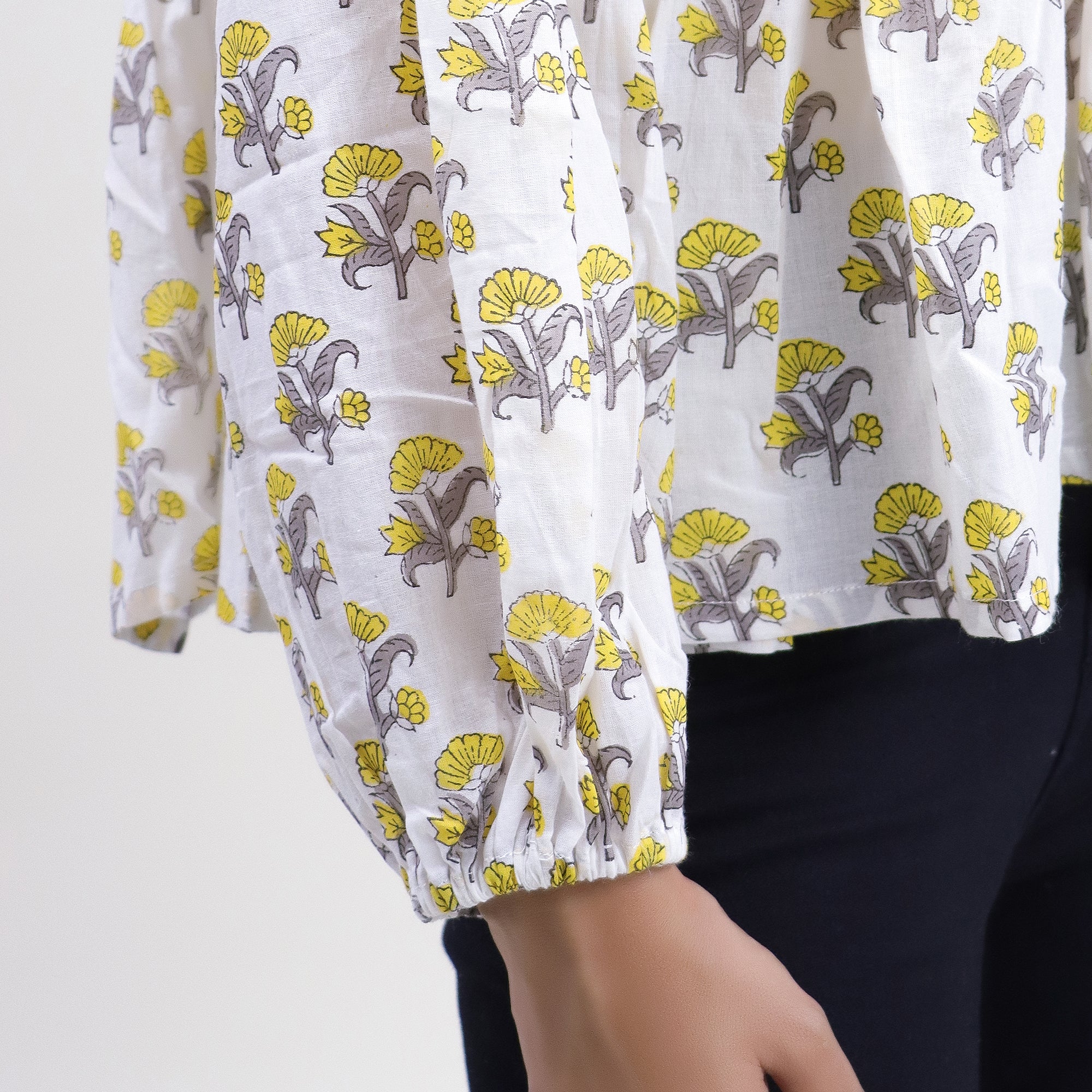 Yellow Floral Printed V Neck Short Top For Girls