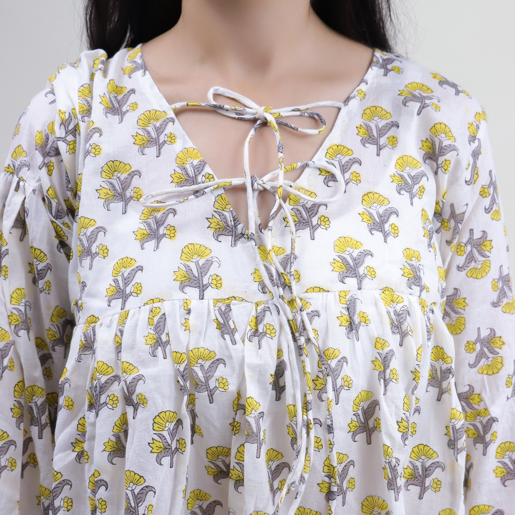 Yellow Floral Printed V Neck Short Top For Girls