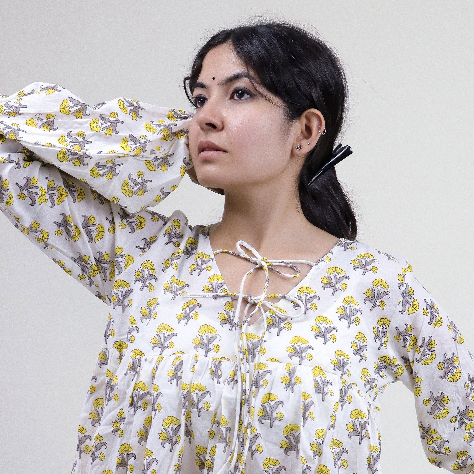 Yellow Floral Printed V Neck Short Top For Girls