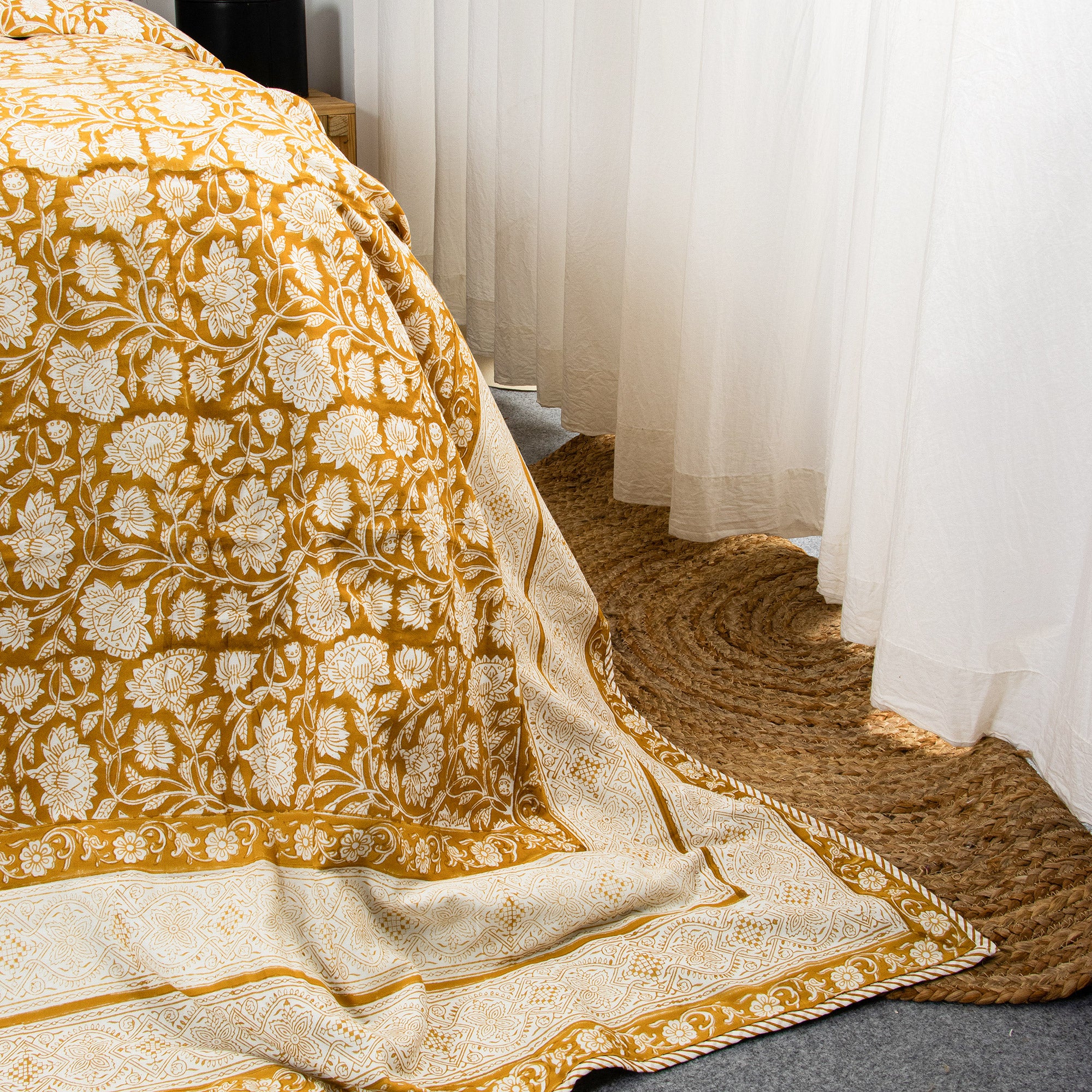 Yellow Hand Block Printed Reversible Cotton Dohar Blankets
