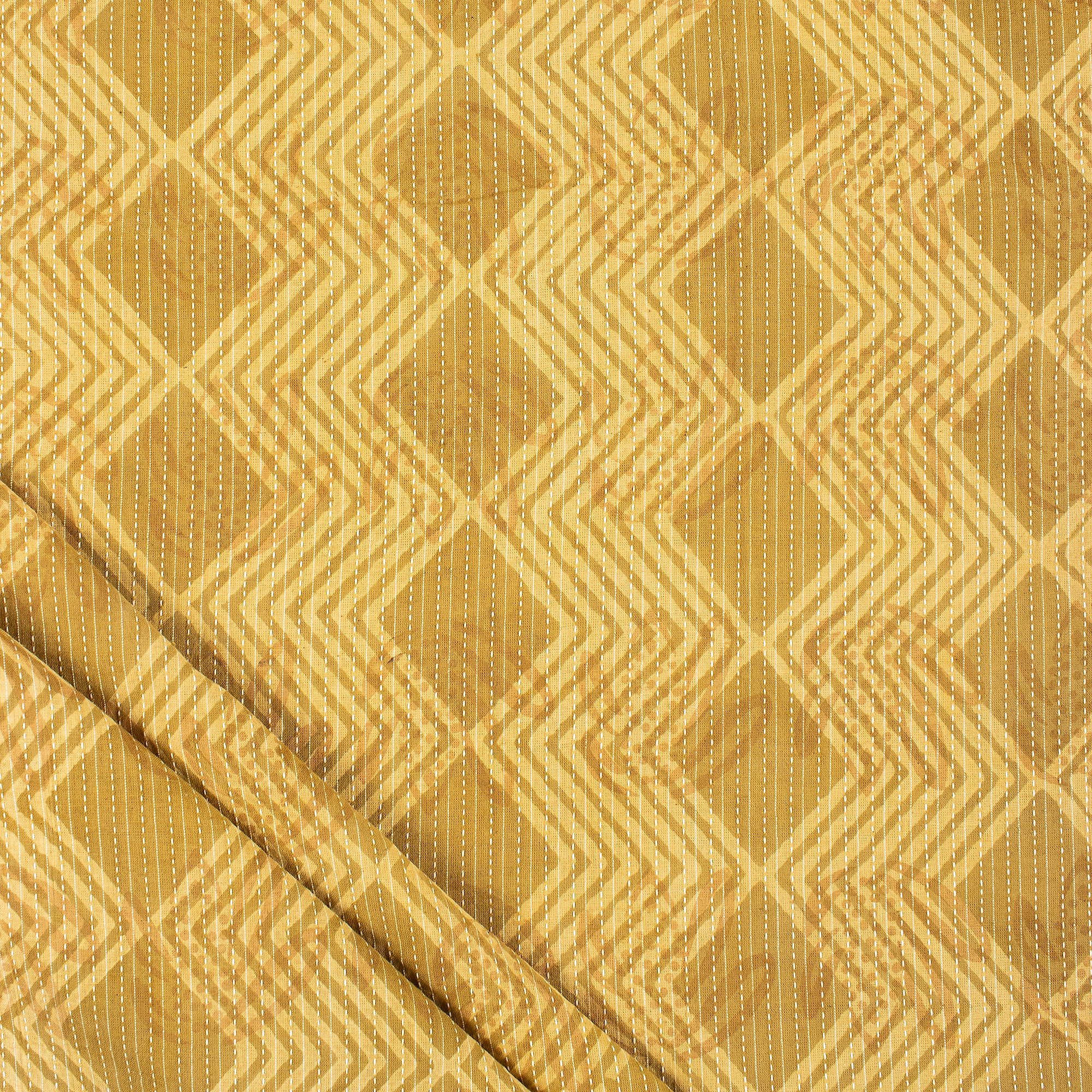 Yellow Ikat Hand Block Printed Dabu Kantha Running Fabric