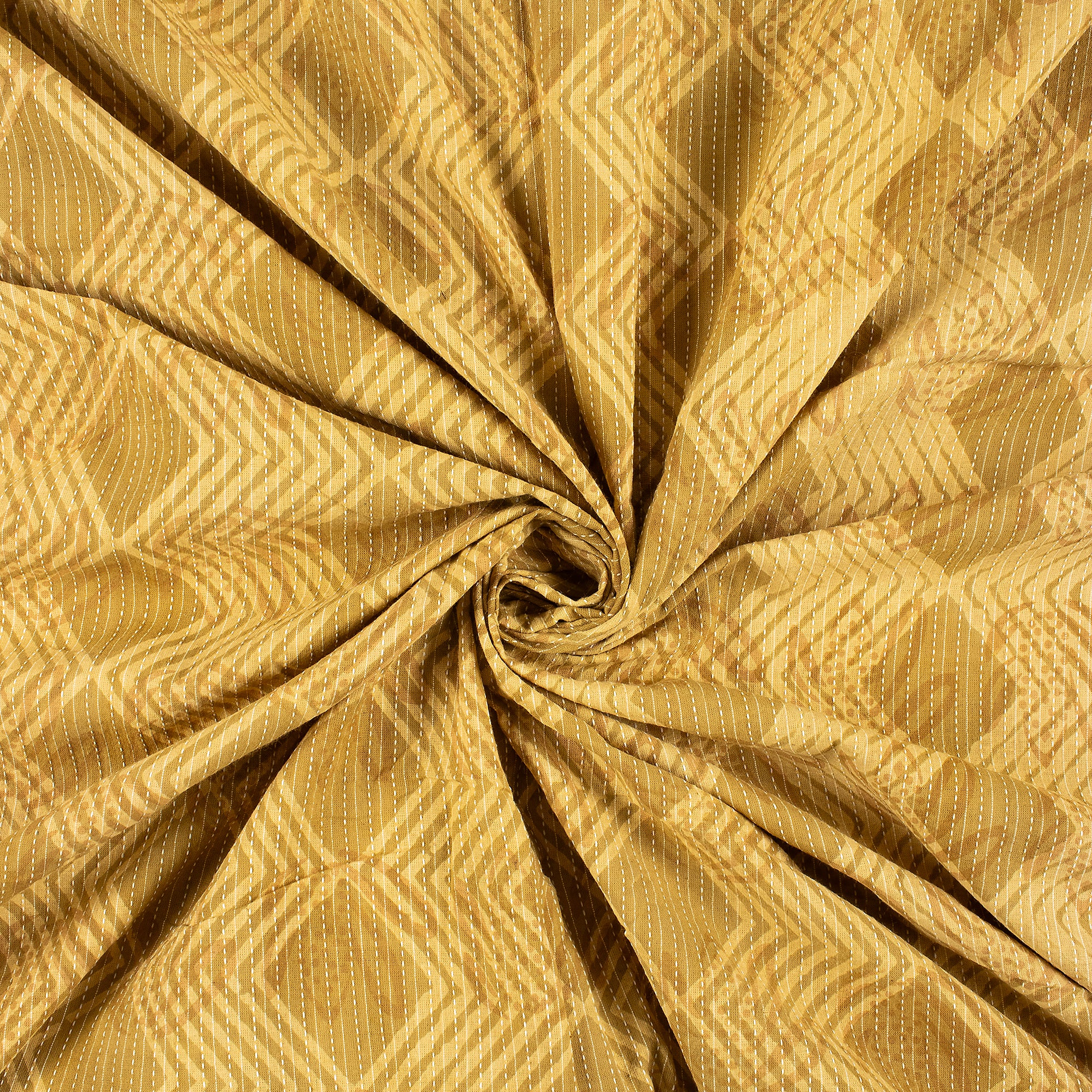 Yellow Ikat Hand Block Printed Dabu Kantha Running Fabric