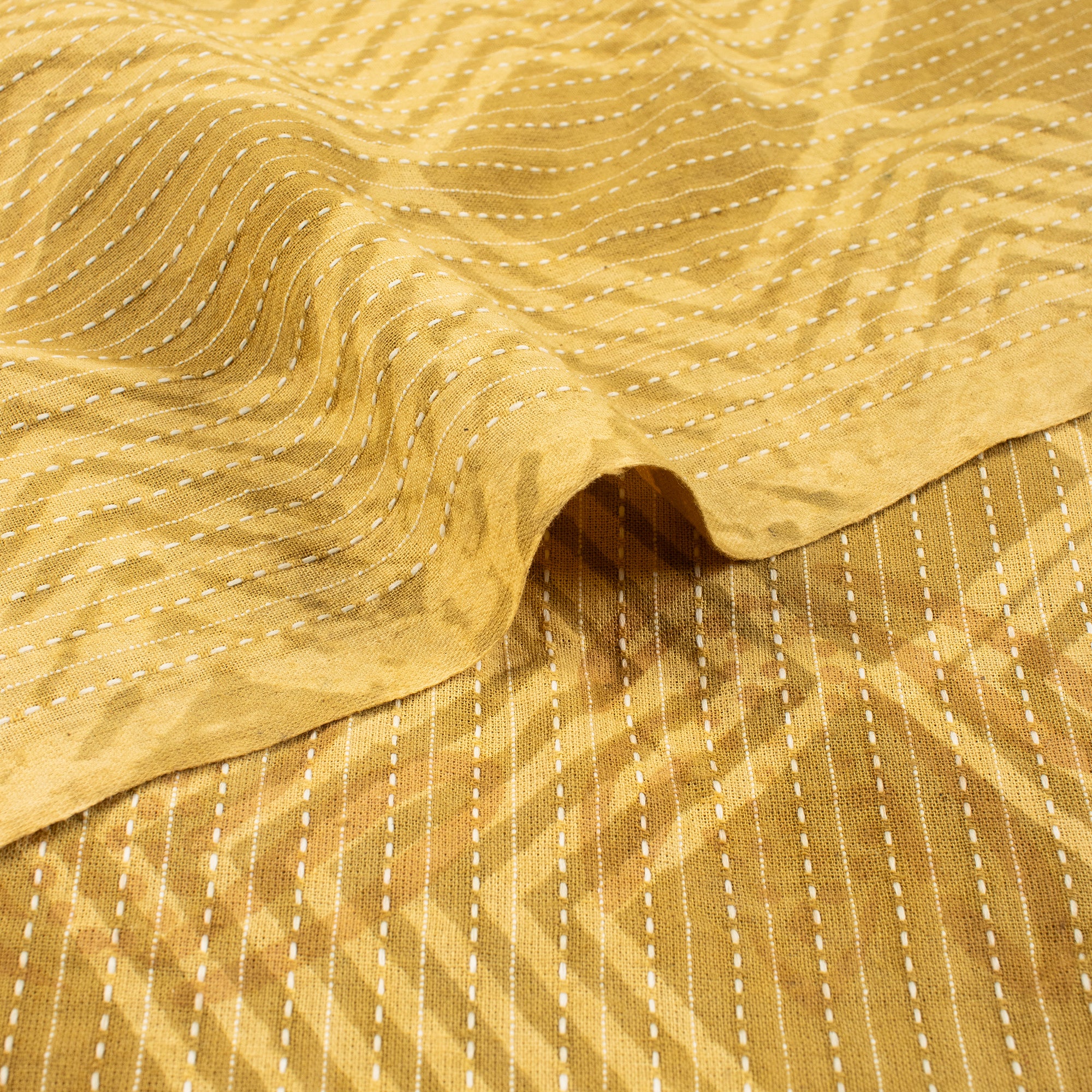 Yellow Ikat Hand Block Printed Dabu Kantha Running Fabric