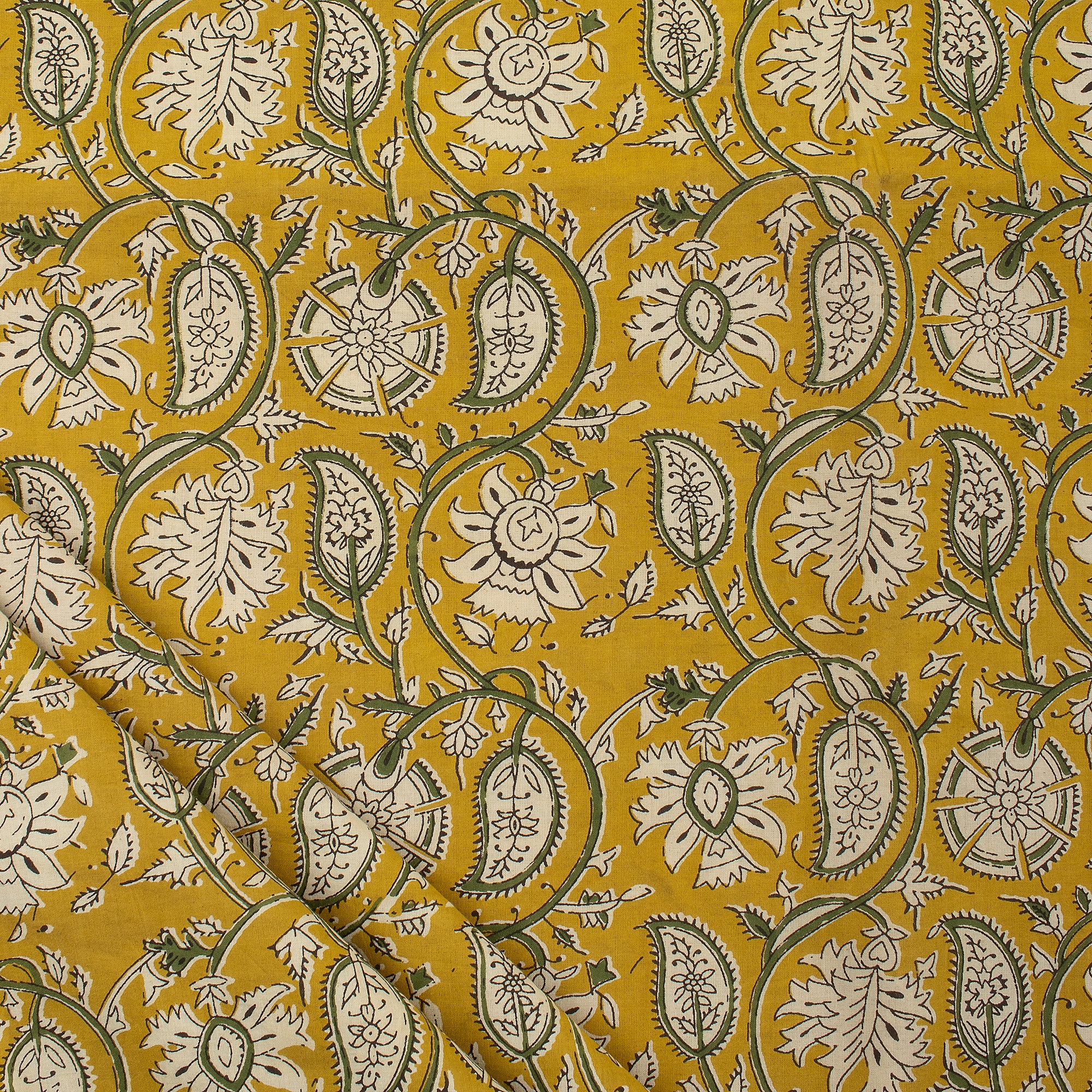 Yellow Paisley Hand Block Printed Bagru Fabric
