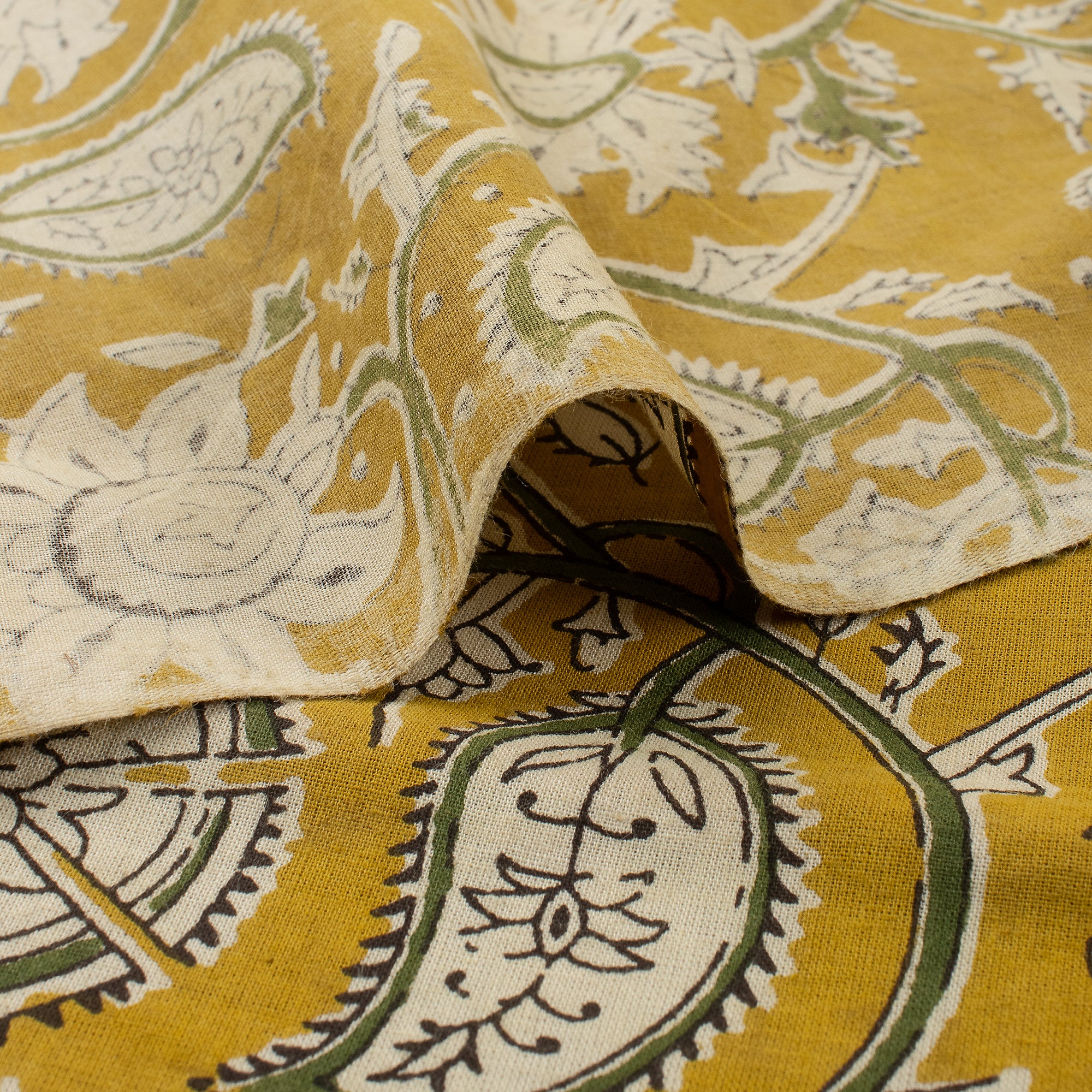 Yellow Paisley Hand Block Printed Bagru Fabric