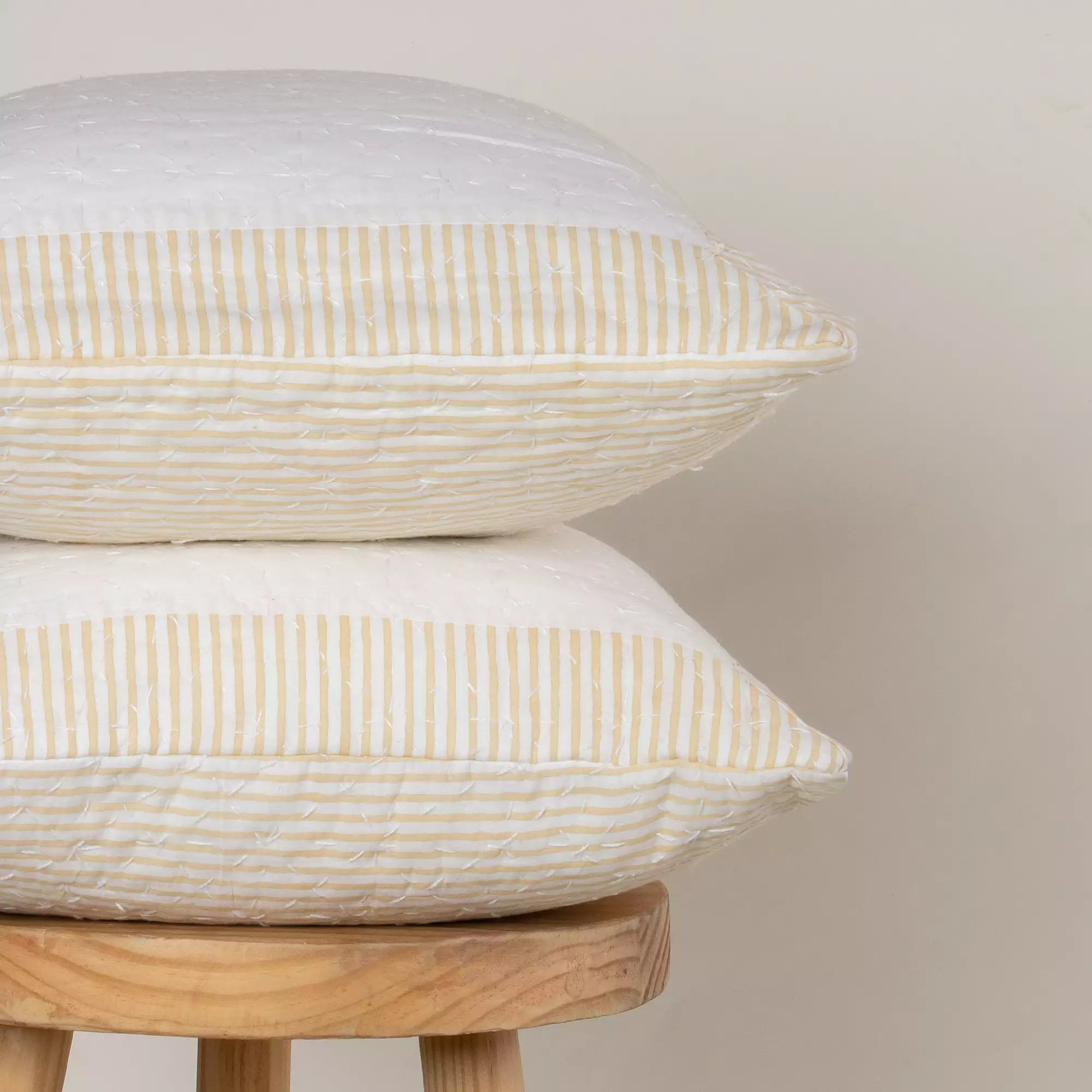 Yellow Stripe Pure Cotton Quilted Kantha Cushion Cover