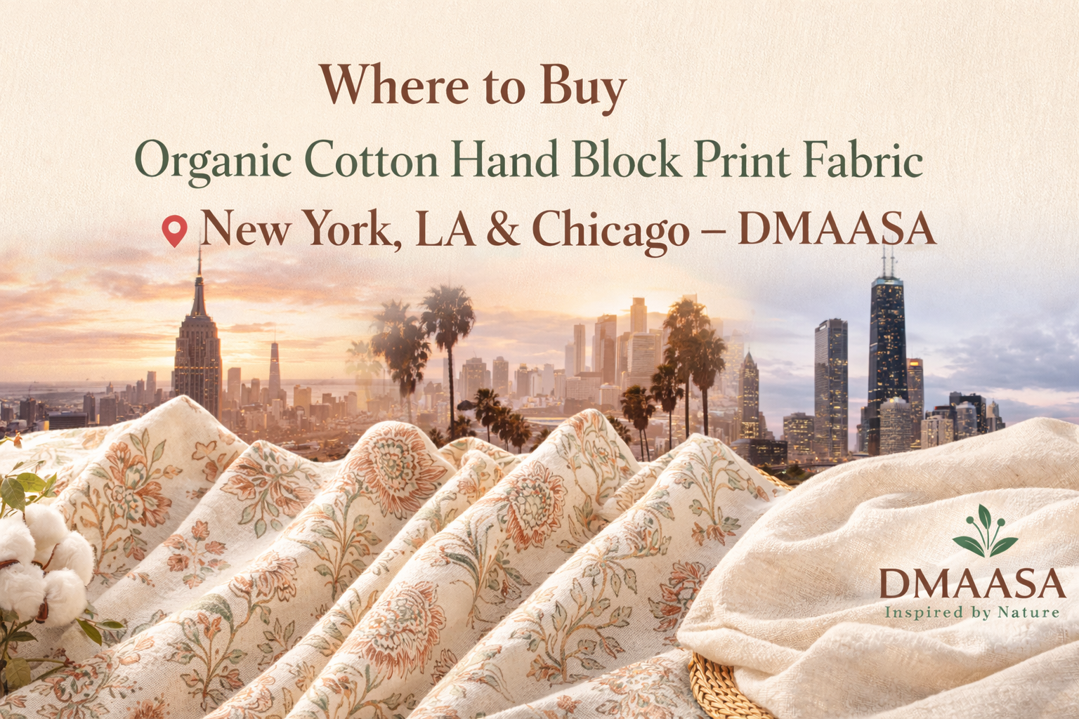 Organic Cotton Hand Block Printed Fabric - New York, LA & Chicago