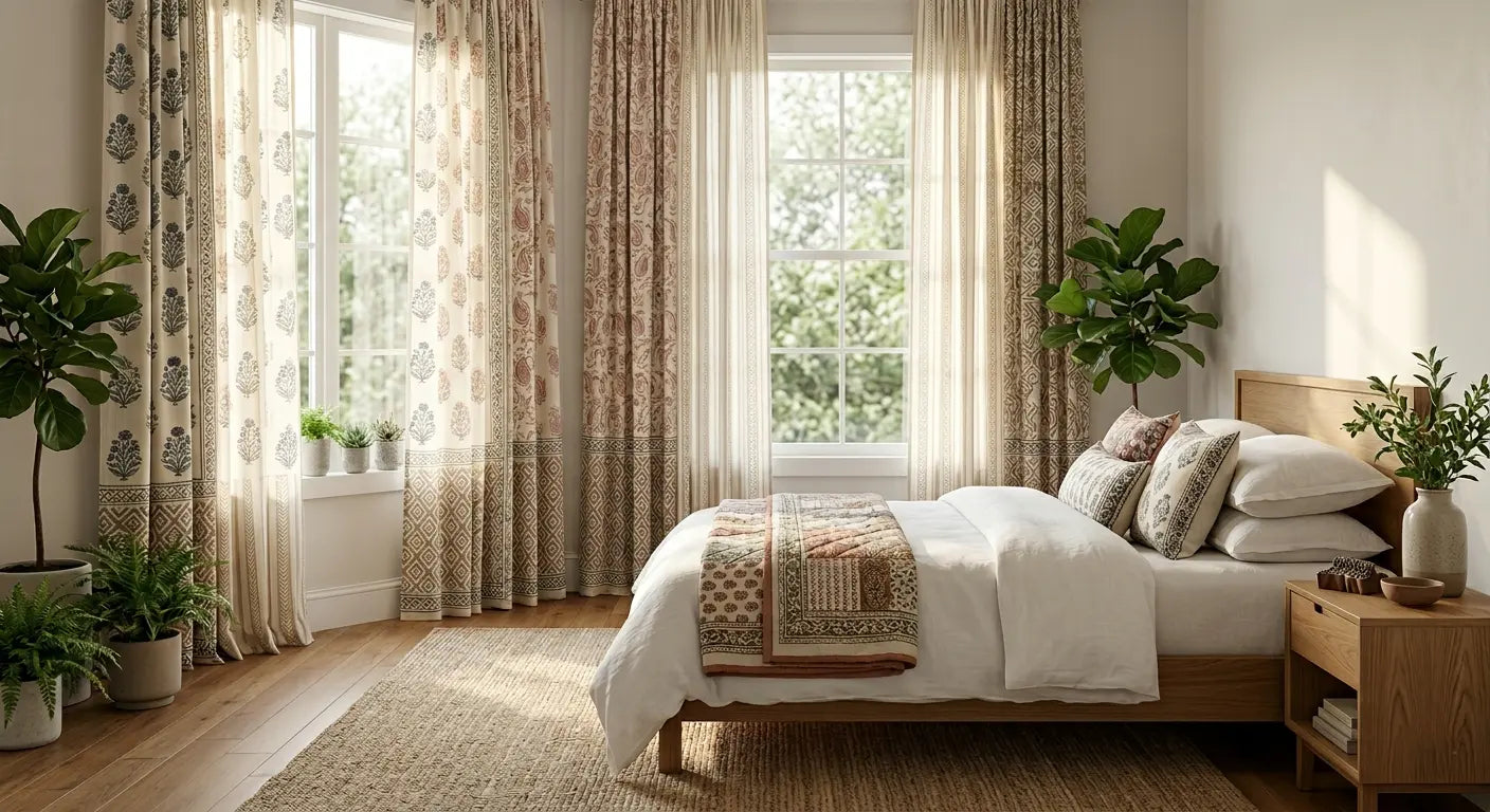 Hand Block Print Curtains in Modern American Bedrooms