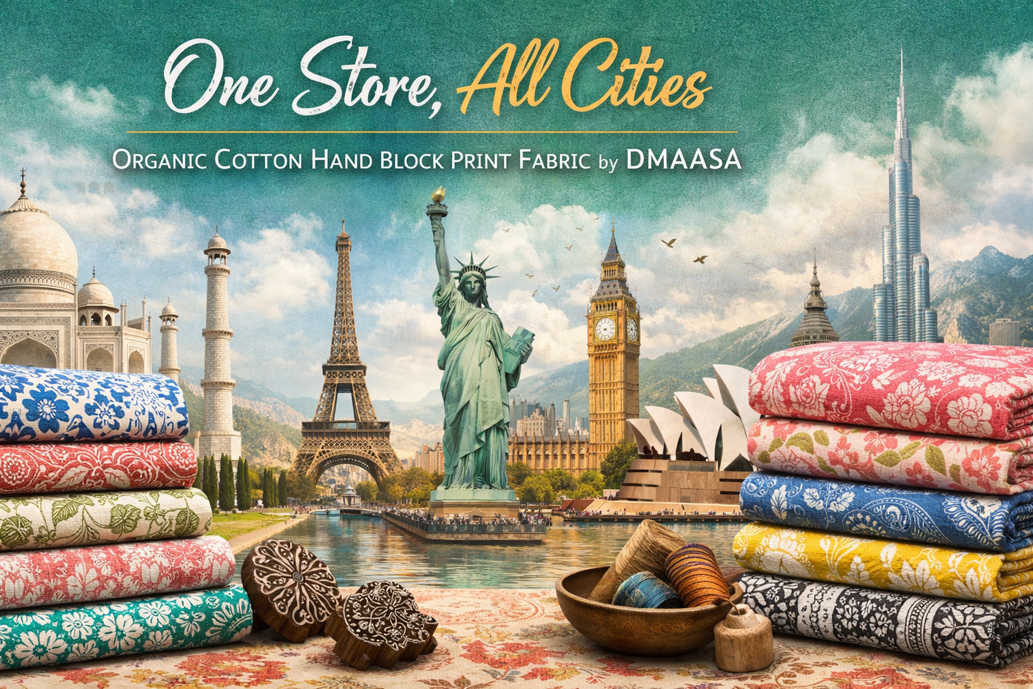 One Store, All Cities: Organic Cotton Hand Block Print Fabric by DMAASA