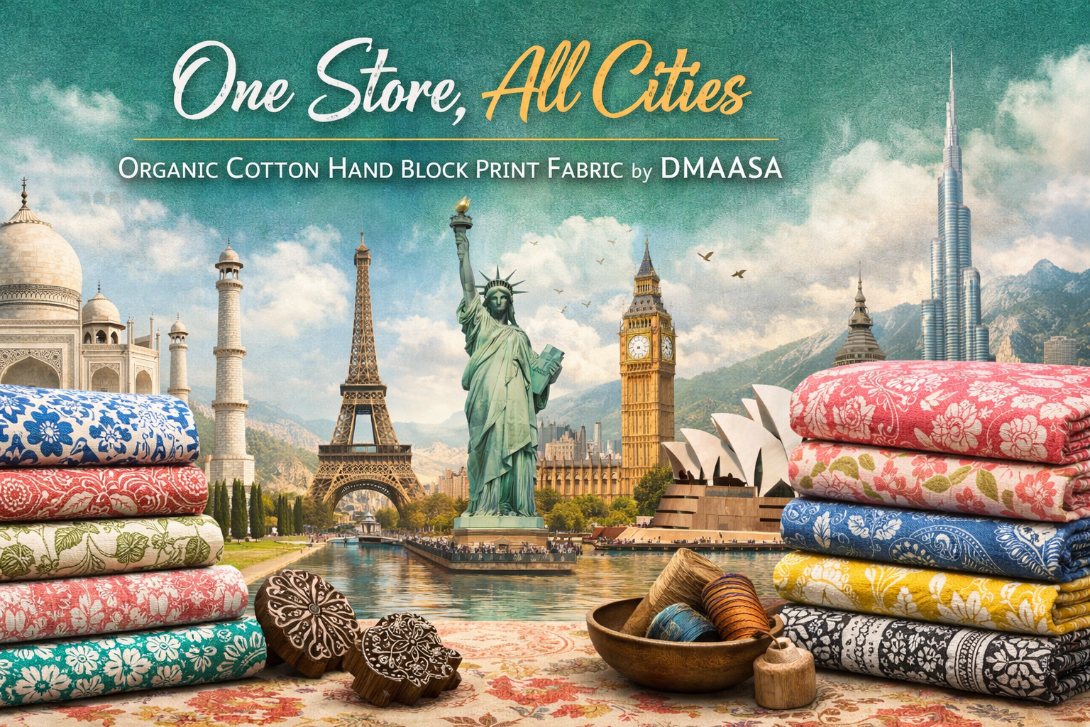 One Store, All Cities: Organic Cotton Hand Block Print Fabric by DMAASA