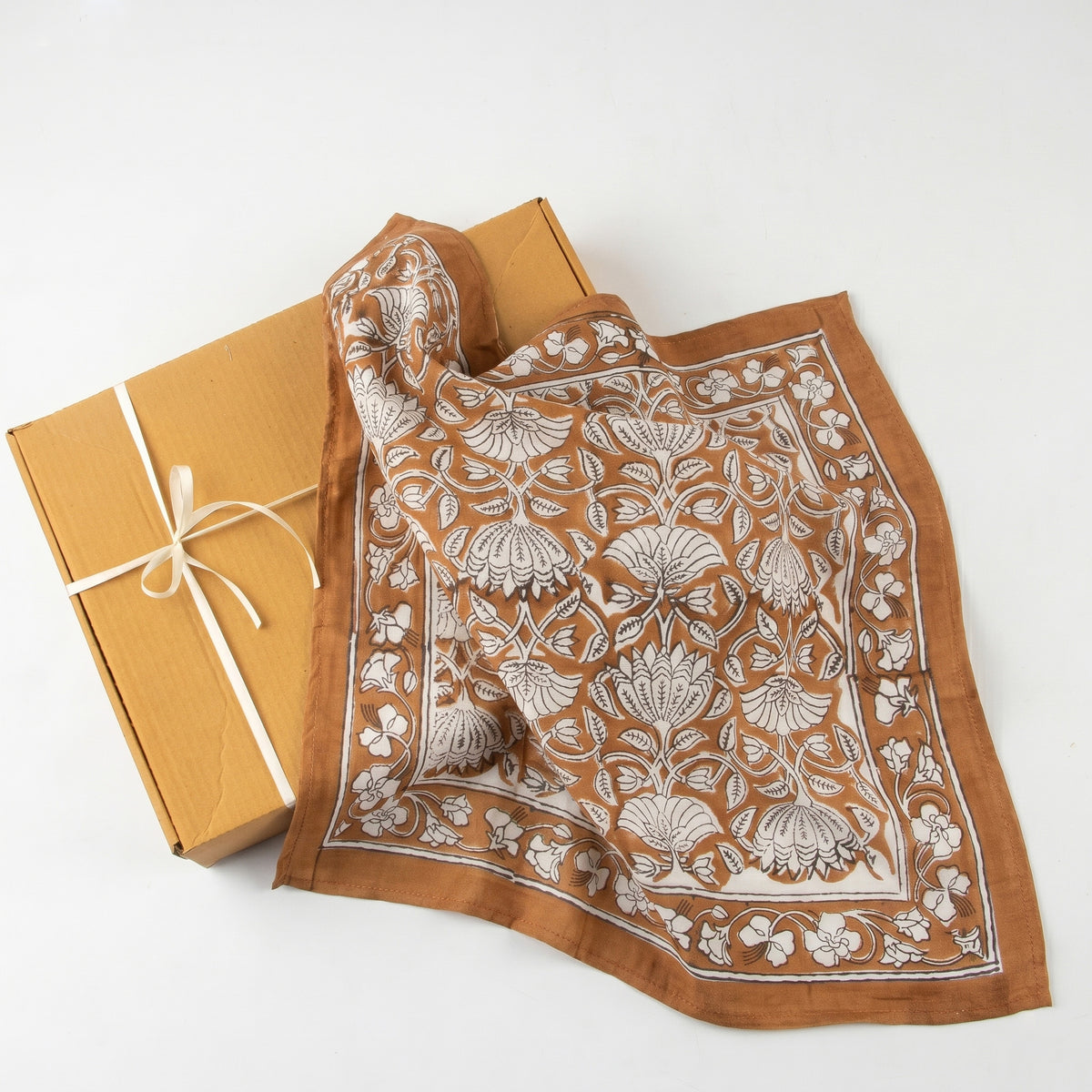 Brown Floral Hand Block Pure Cotton Head Bandana