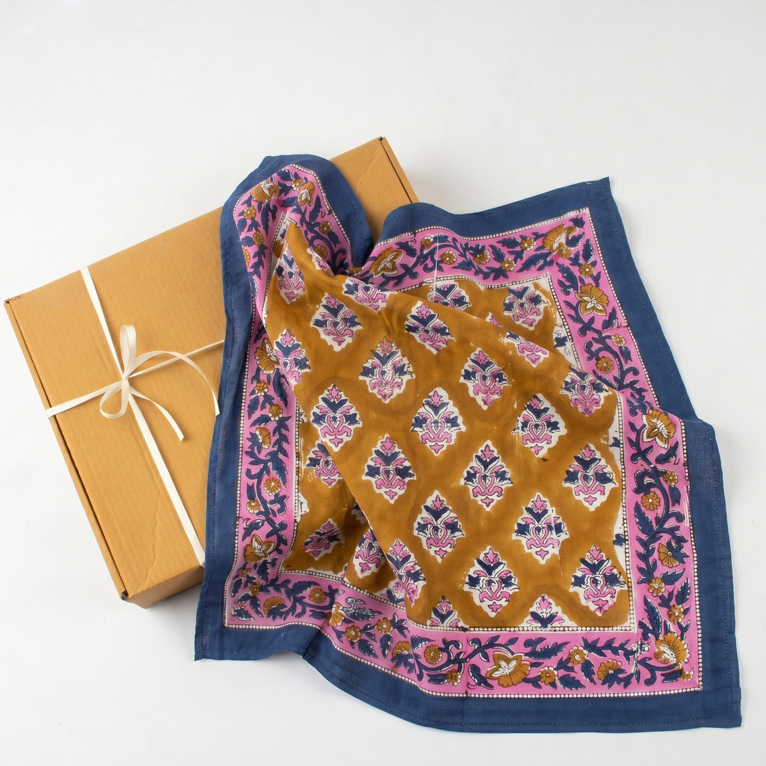 Traditional Hand Block Floral Print Bandana With Blue Border