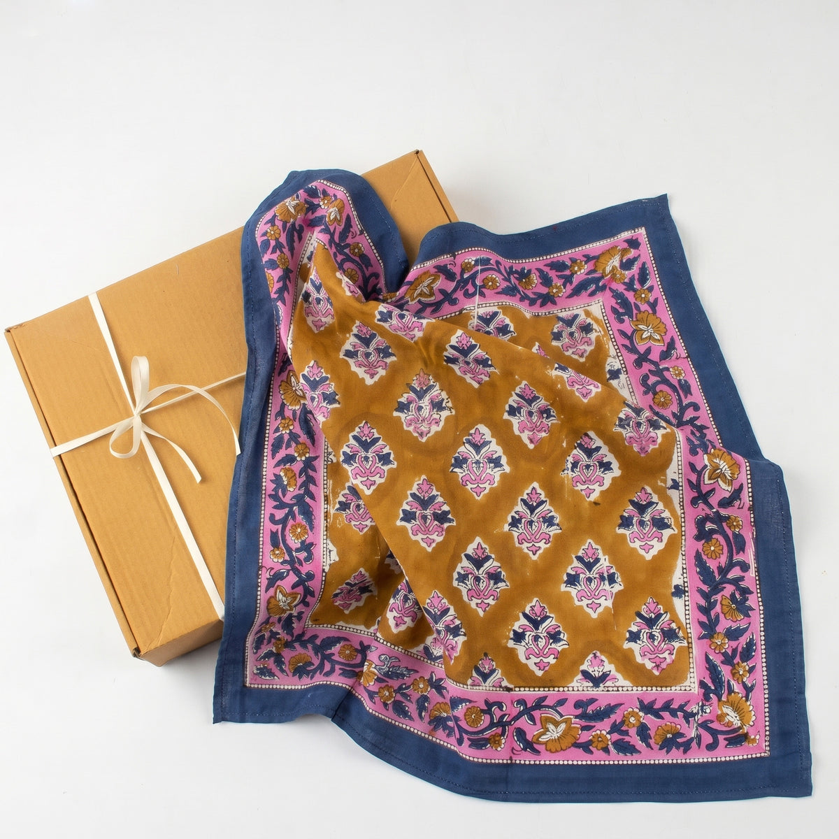 Traditional Hand Block Floral Print Bandana With Blue Border