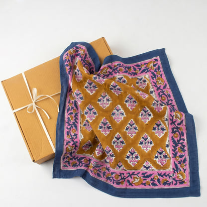 Traditional Hand Block Floral Print Bandana With Blue Border