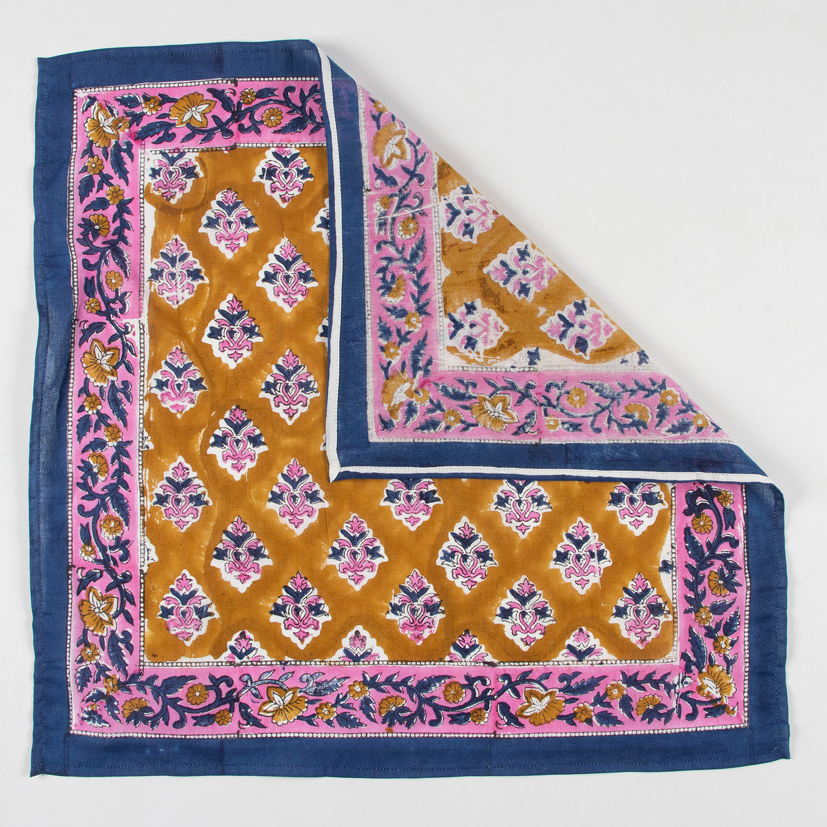 Traditional Hand Block Floral Print Bandana With Blue Border