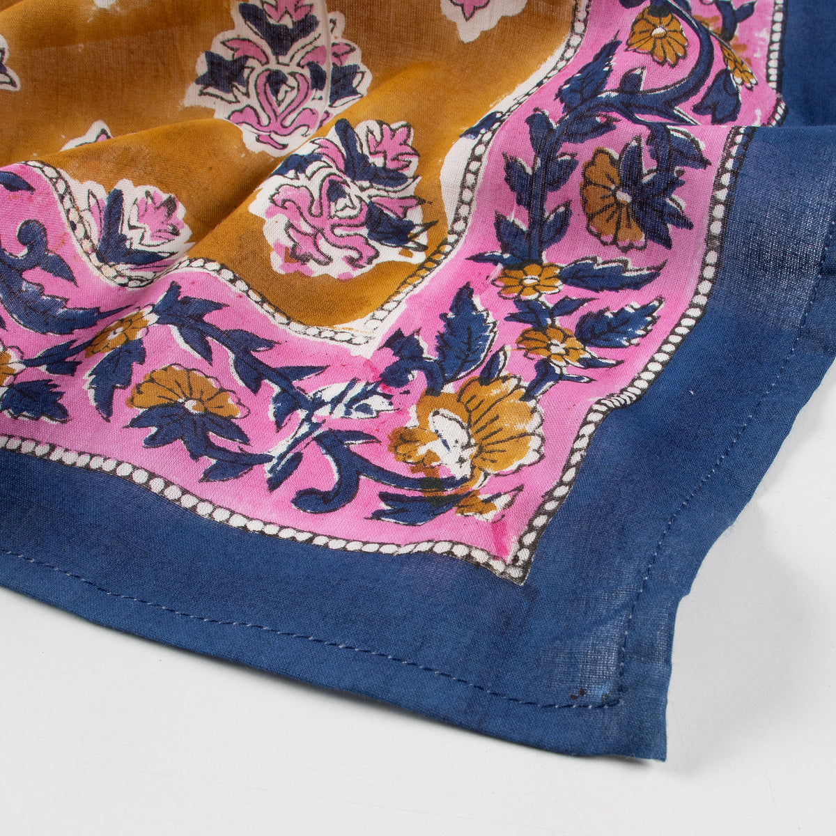 Traditional Hand Block Floral Print Bandana With Blue Border