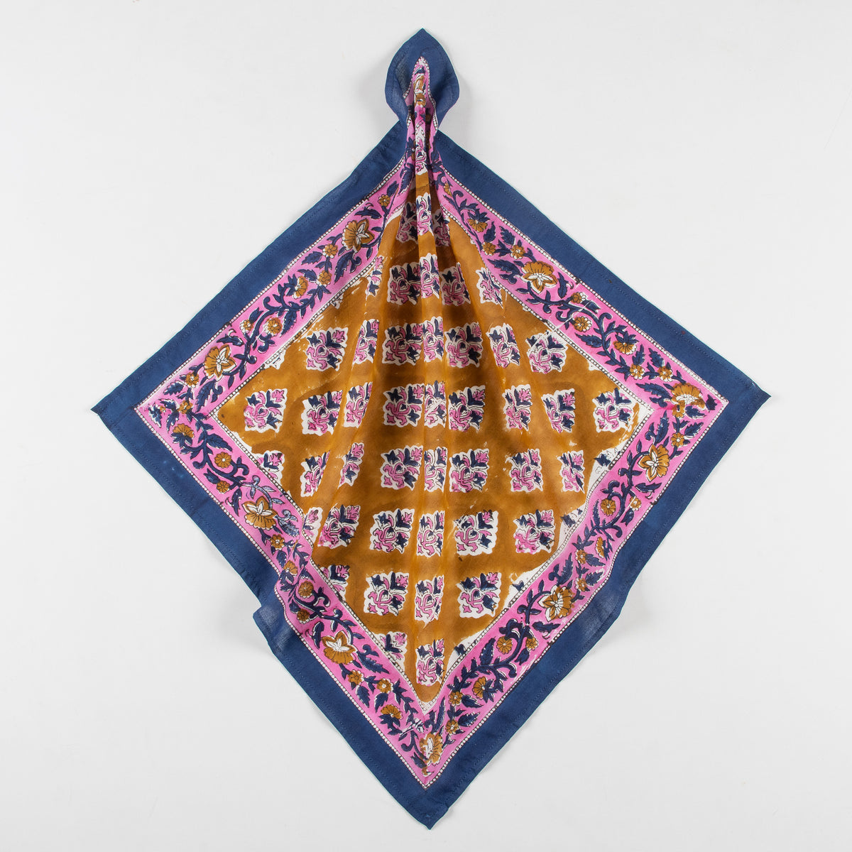 Traditional Hand Block Floral Print Bandana With Blue Border